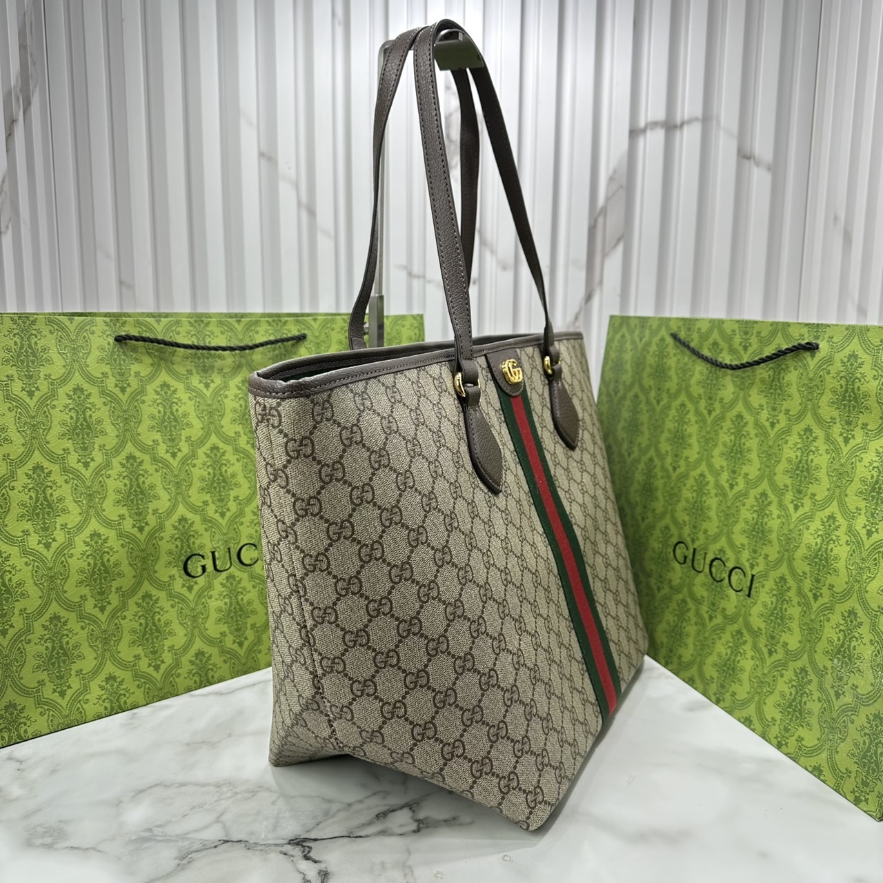 ORI หนังแท้ | Gucci Ophidia medium tote bag GG Monogram Double G / Gucci Tote Bag กระเป๋าสะพายทรงโท้ทใบใหญ่ ภายในโล่งกว้างจุของได้เยอะ