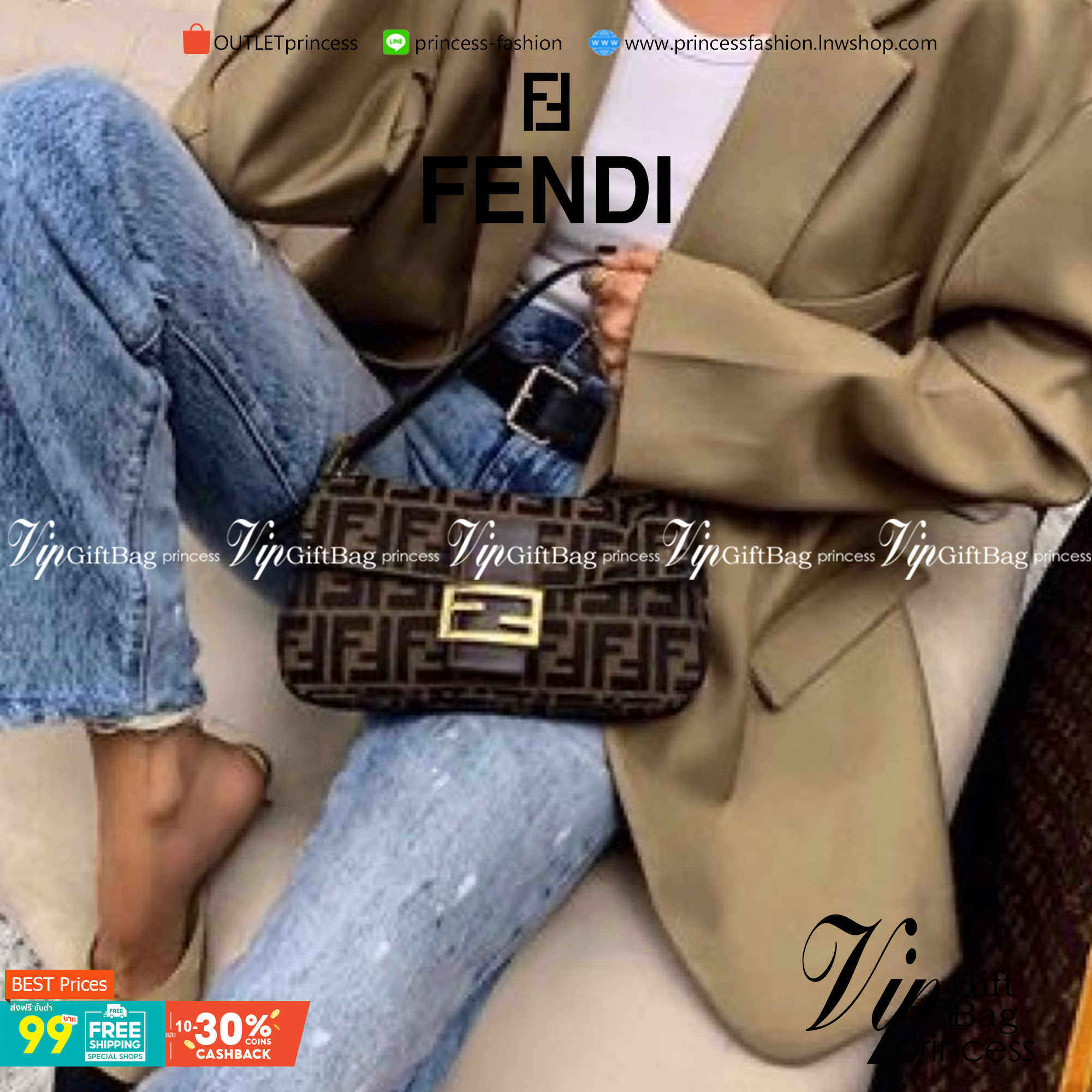 VIP 】FENDI VINTAGE BAGUETTE SHOULDER BAG 2size กระเป๋าสะพายทอลายโมโนแกรม อะไหล่ทองหรูหรา มี 2 ขนาด ทนทาน มาพร้อมสาย 2 แบบ สำหรับคล้องแขน และสายครอสบอดี้ เปิด-ปิดด้วยกระดุมแม่เหล็ก ภายในเป็นช่องโล่ง ใส่โทรศัพท์ พร้อมเสิร์ฟความสวยให้ถึงบ้านจ้า วัสดุผ้าทอลาย