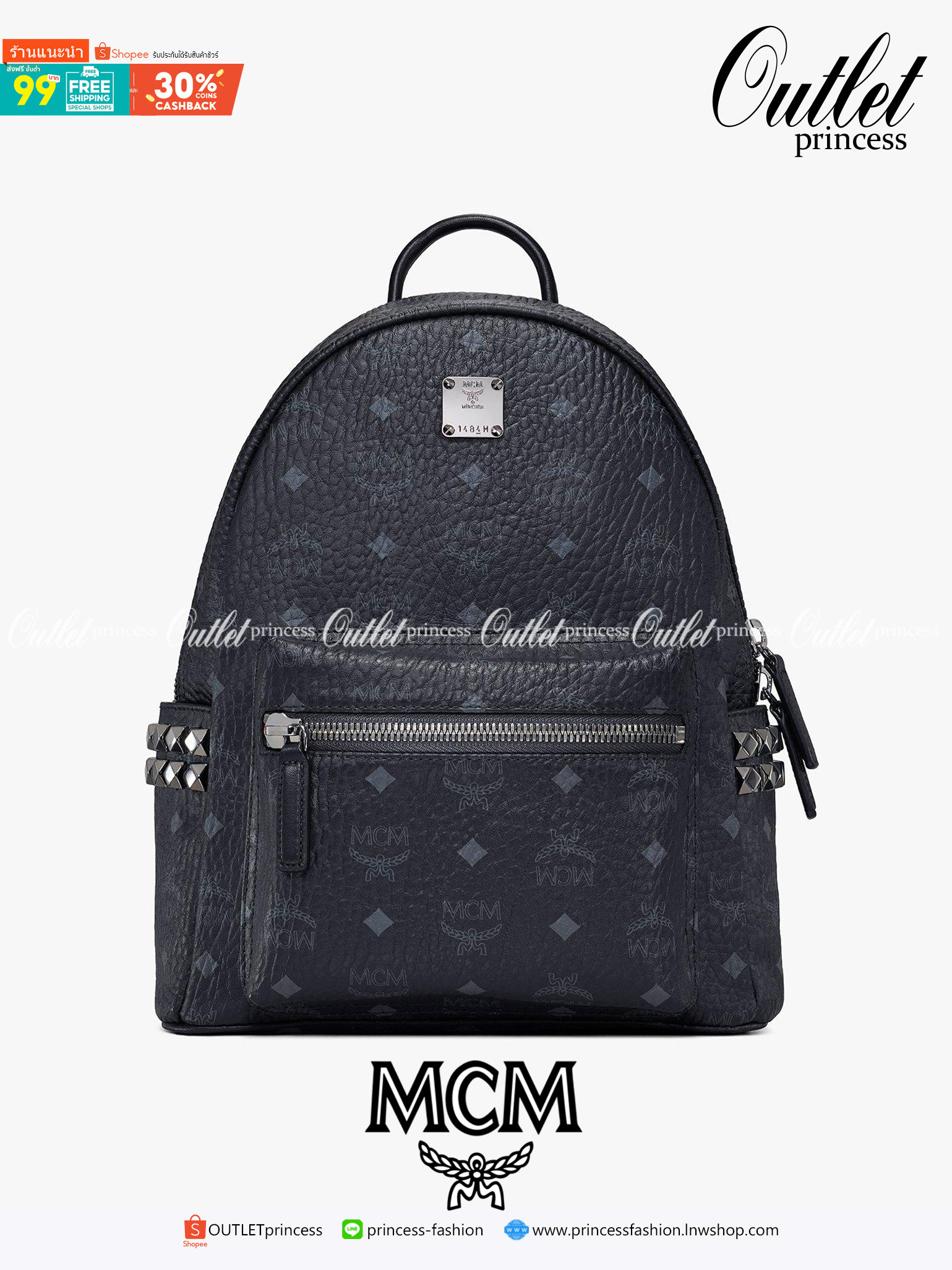 M.C.M Stark Side Studs Backpack in Visetos กระเป๋าเป้ ขนาดเหมาะกำลังดีที่ไม่ชอบแบกของหนักมาก ใช้ได้ทั้งหญิง/ชาย ตกแต่งหมุดอะไหล่ทองด้านข้าง สวยหรู วัสดุหนังแคนวาสคุณภาพดี เปิด-ปิดด้วยซิป ภายในเป็นหนังแท้ จุของได้พอสมควร สายสะพายสามารถปรับได้ตามตัว และยังบ