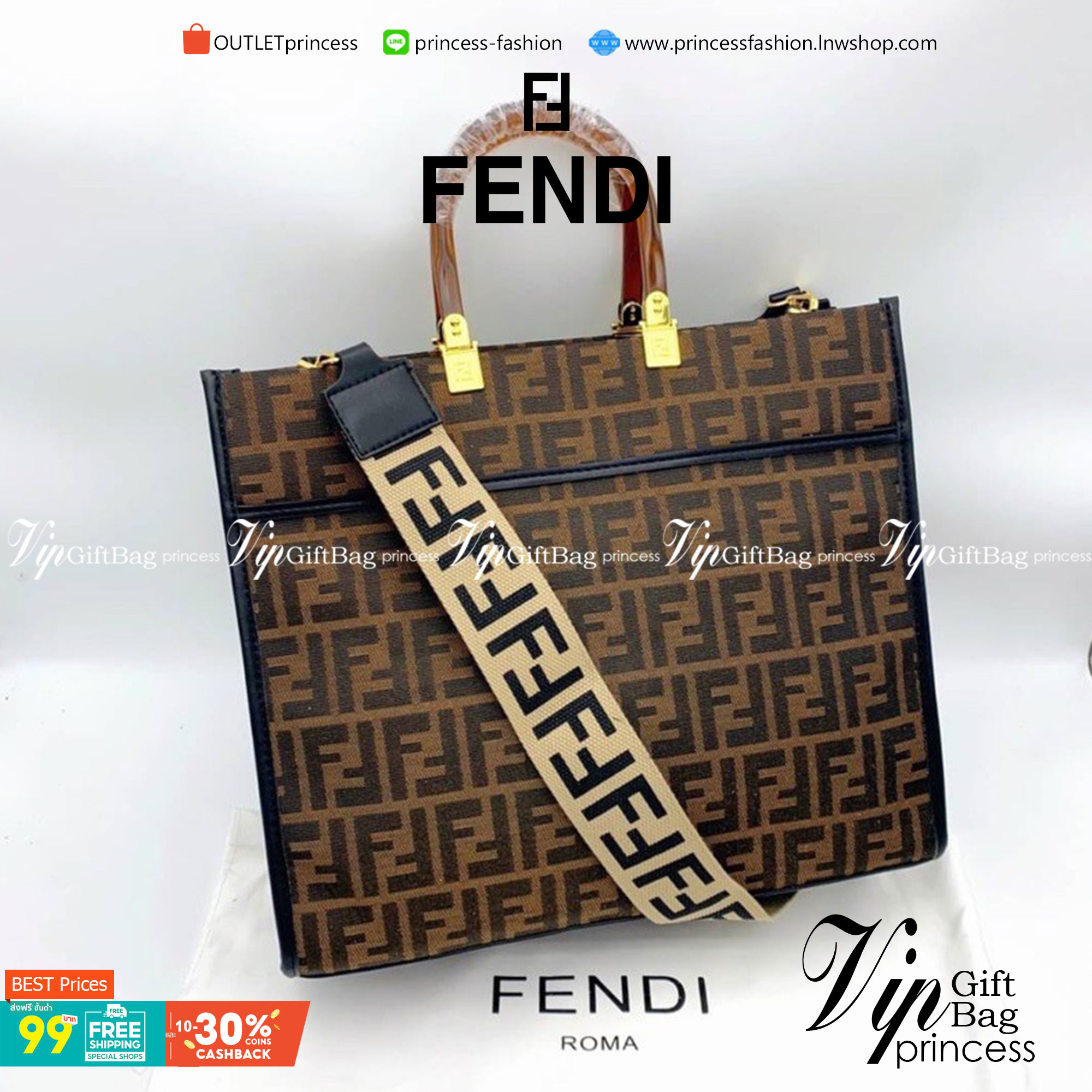 VIP 】FENDI MONOGRAM SHOPPING BAG สวยมงลงมากค่ะ กระเป๋าสะพายข้างได้ ถือได้ ใบใหญ่ลายโมโนแกรม FF สวยมากทรงนี้ใช้เป็น everyday bag ได้ จุใจใส่ของได้เยอะ ตัวกระเป๋าผลิตจากผ้าทออย่างดี อยู่ทรงสวยสายยาวเป็นสายผ้า ตรงหูด้านบนเป็นพลาสติกแข็งทนทาน น้ำหนักเบา ภายใน