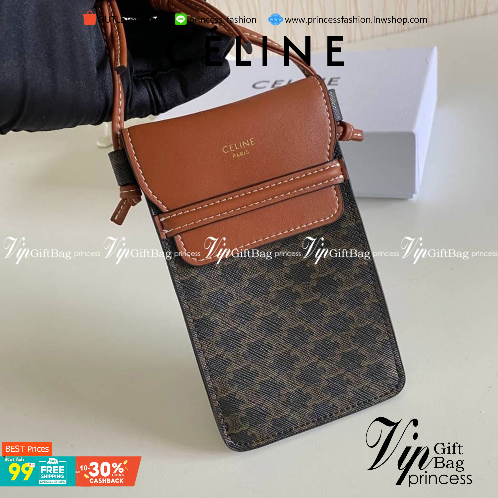 VIP 】พร้อมส่งที่ไทย!! CELINE Phone Pouch With Flap In Triomphe Canvas And Lambskin