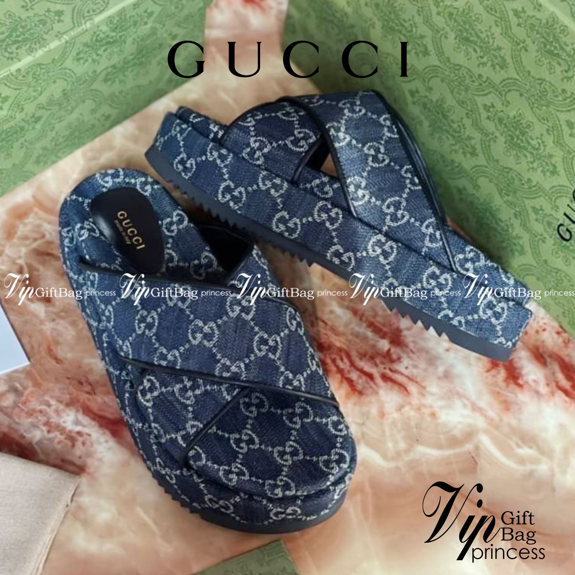 หนังแท้ GUCCI Denim Sandals / GG jacquard organic denim platform sandals / GG Shoes พร้อมส่งที่ไทย รองเท้าผ้าเดนิมเกรดเทพออริจินอล ภาพสินค้าถ่ายจากงานขายจริง ใช้งานต่างประเทศได้ค่ะ