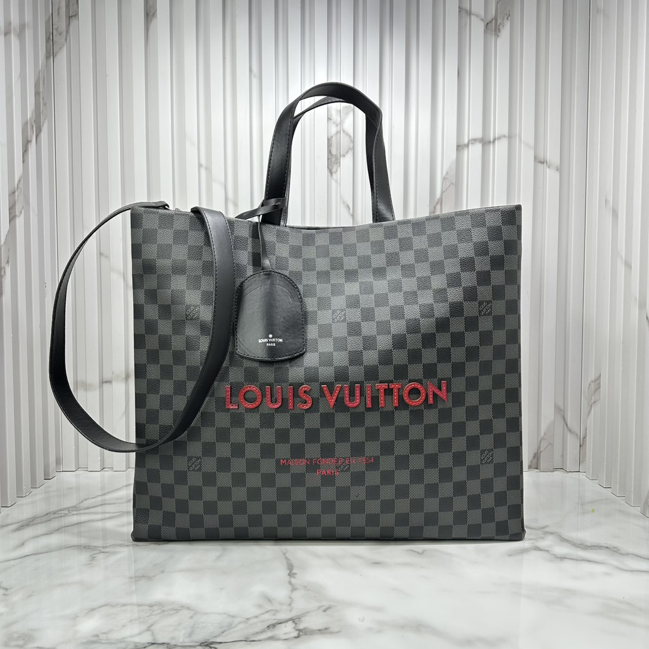 ORI หนังแท้ | LV Shopper Tote MM bag / Damier Black กระเป๋าทรงโท้ทใบใหญ่ แต่งลายตัวอักษรแบบลายมือเต็มใบ