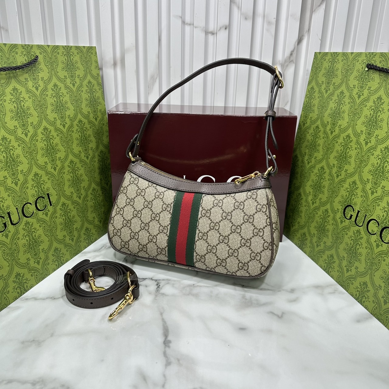 10" ORI หนังแท้ | Gucci Ophidia small shoulder bag GG Monogram Double G / Gucci Hobo Bag กระเป๋าสะพายทรงโฮโบขนาดเล็ก