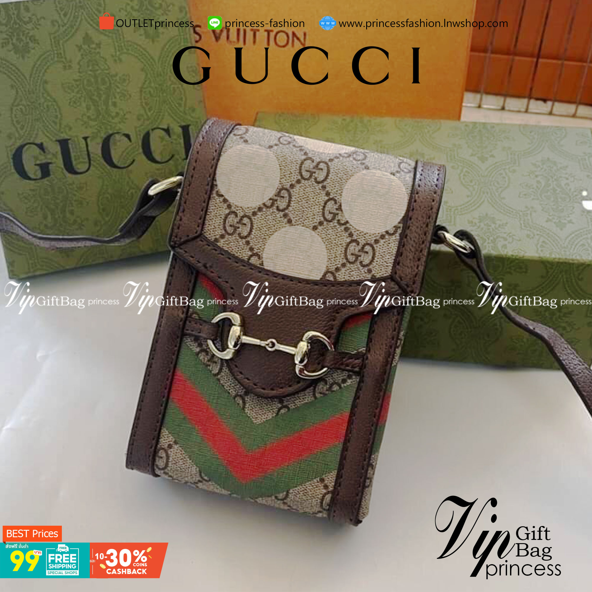 VIP 】GG CANVAS AND LEATHER CROSS-BODY PHONE BAG พร้อมส่งที่ไทย Brown canvas Brown Ophidia GG Supreme mini bag from GUCCI featuring an adjustable shoulder strap, a foldover top, a GG Supreme pattern, a Web stripe to the front and a gold-tone Double G plaqu