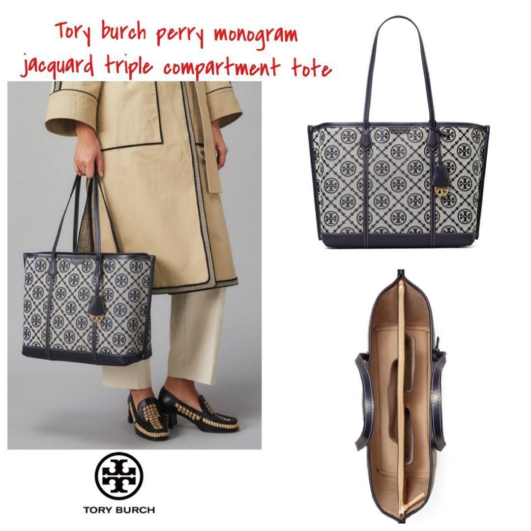 ของแท้ 💯% Tory burch perry monogram jacquard triple compartment tote ครั้งแรกกับลายโมโนแกรม ที่ได้รับแรงบันดาลใจมาจากโลโก้สุดคลาสสิกในกระเป๋าทรงtote bag T Monogram ที่ใช้การทอลายแบบแจ็กการ์ดสุดประณีต