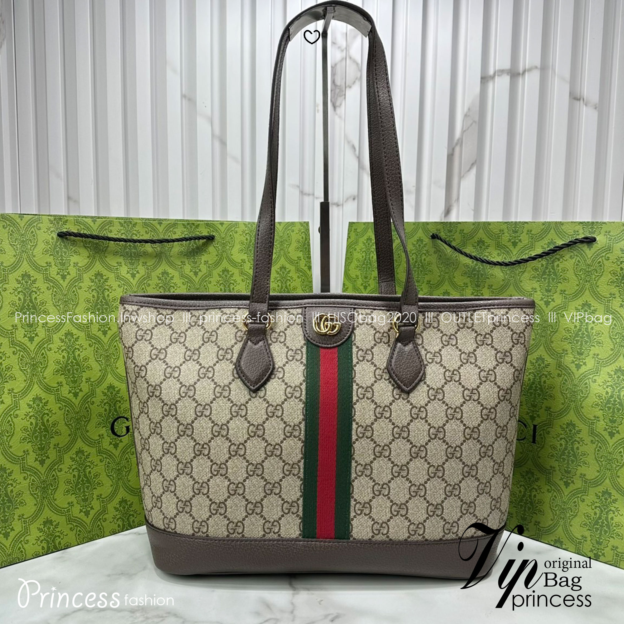 ORI หนังแท้ | Gucci Ophidia medium tote bag GG Monogram Double G / Gucci Tote Bag กระเป๋าสะพายทรงโท้ทใบใหญ่ ภายในโล่งกว้างจุของได้เยอะ