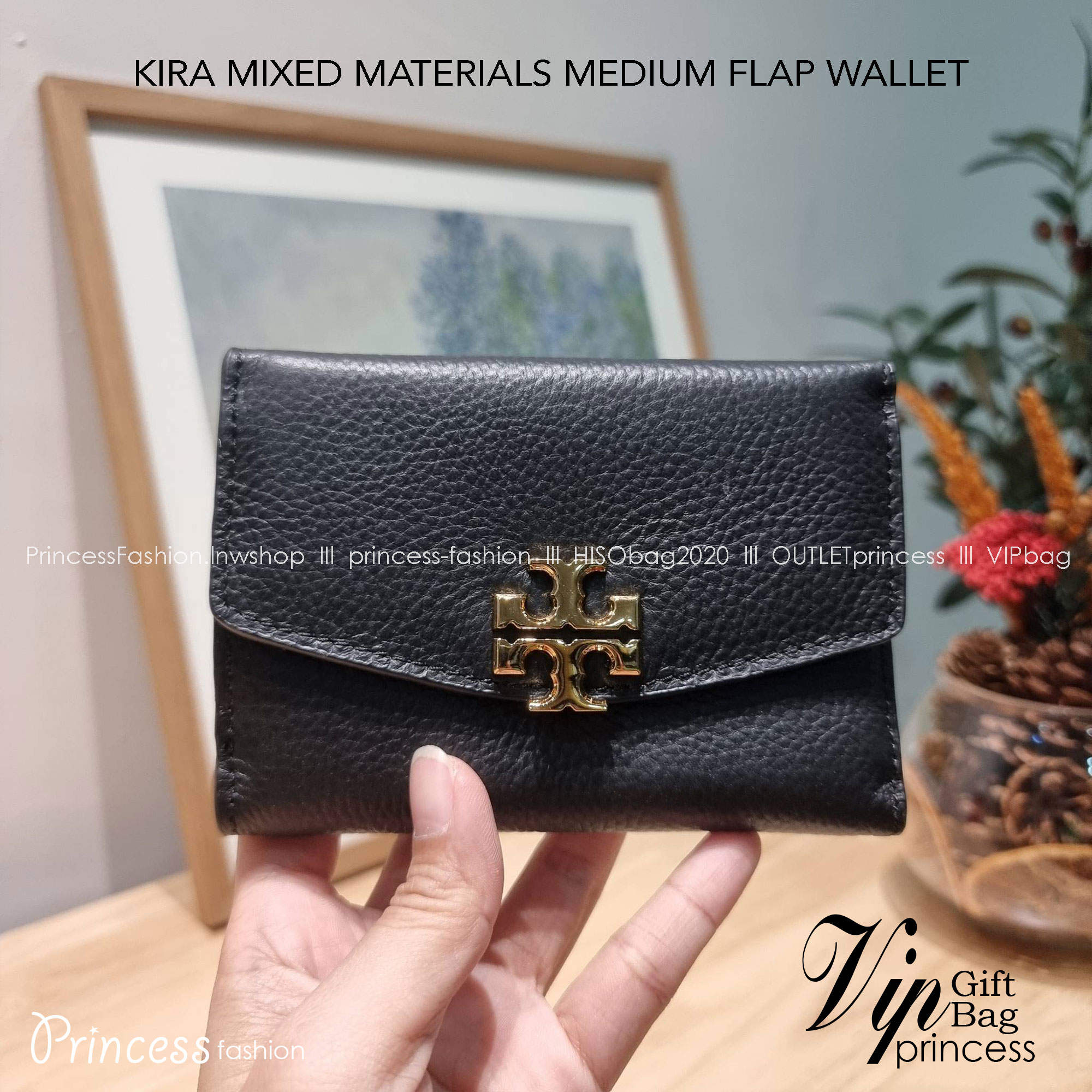 TORY BURCH KIRA MIXED MATERIALS MEDIUM FLAP WALLET กระเป๋าสตางค์ใบกลาง รุ่นยอดนิยม ดูหรูหรา ดูแพง ดีไซน์คลาสสิค ขนาดกำลังพอเหมาะ