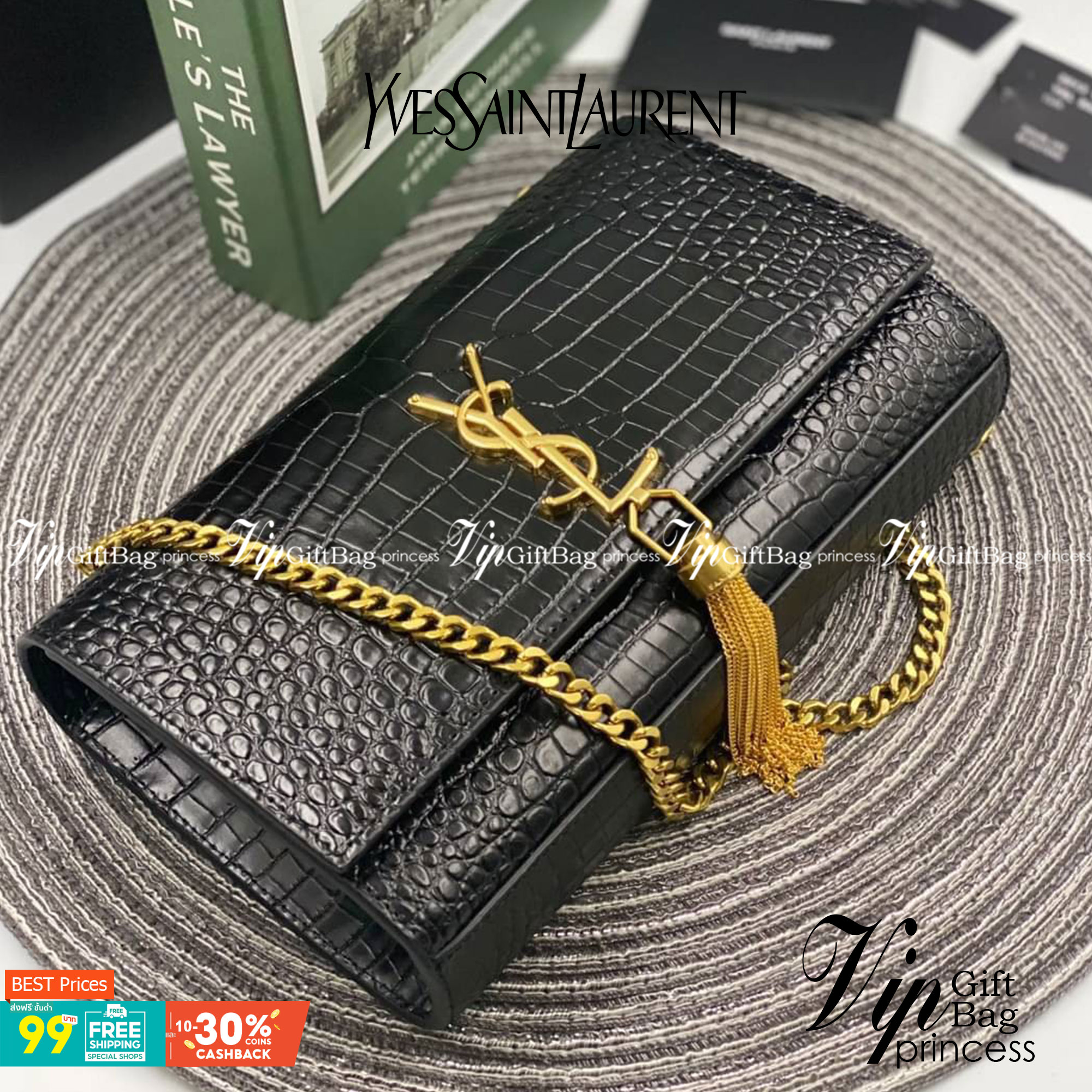 VIP 】หนังแท้ YSL Saint Laurent Kate Tassel Bag in Black Crocodile-Embossed Leather with Gold Hardware