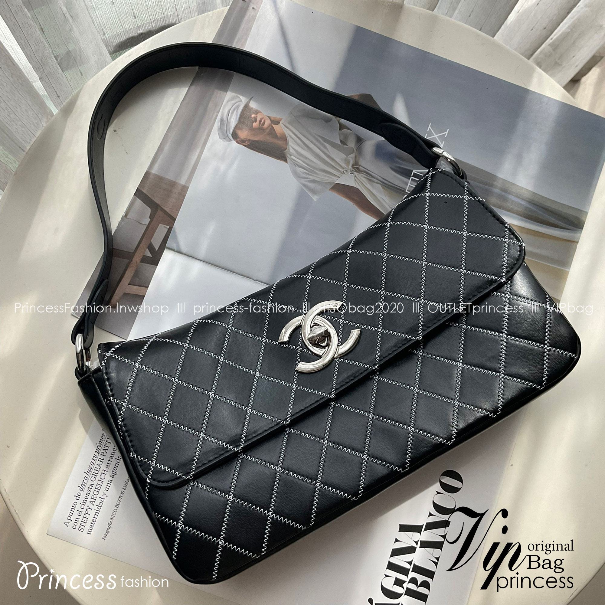 Chanel E/W Quilted Chain Stitch Flap Bag - Black Shoulder Bag / CHANEL VIP CROSSBODY BAG กระเป๋าทรงสะพายข้าง หนังพียู อะไหล่เงิน เย็บกิมมิคตารางสีขาว