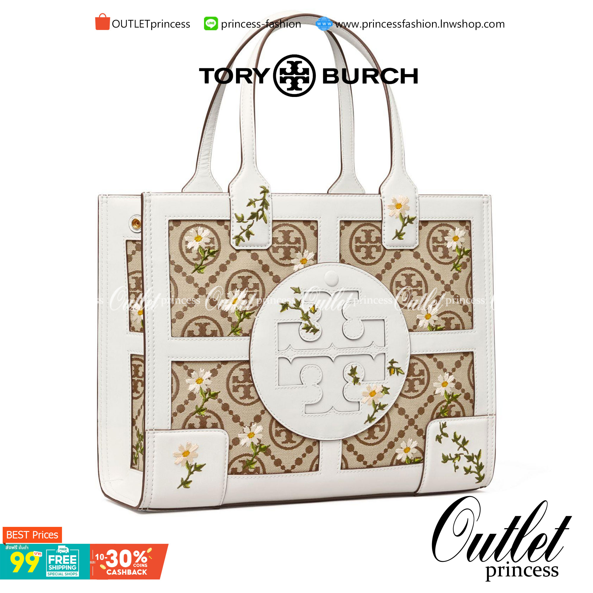 Tory burch ella jacquard embroidered quadrant tote ลายโมโนแกรม (Monogram) สัญลักษณ์สุดโดดเด่นที่คิดค้นขึ้นมาเพื่อให้แบรนด์มีเอกลักษณ์ สำหรับรุ่นนี้เป็นกระเป๋าที่ใส่ของได้เยอะ สามารถใส่สิ่งของที่จำเป็นสำหรับการทำงานได้ ง่ายต่อการถือและการหยิบใช้ข้าวของในกร