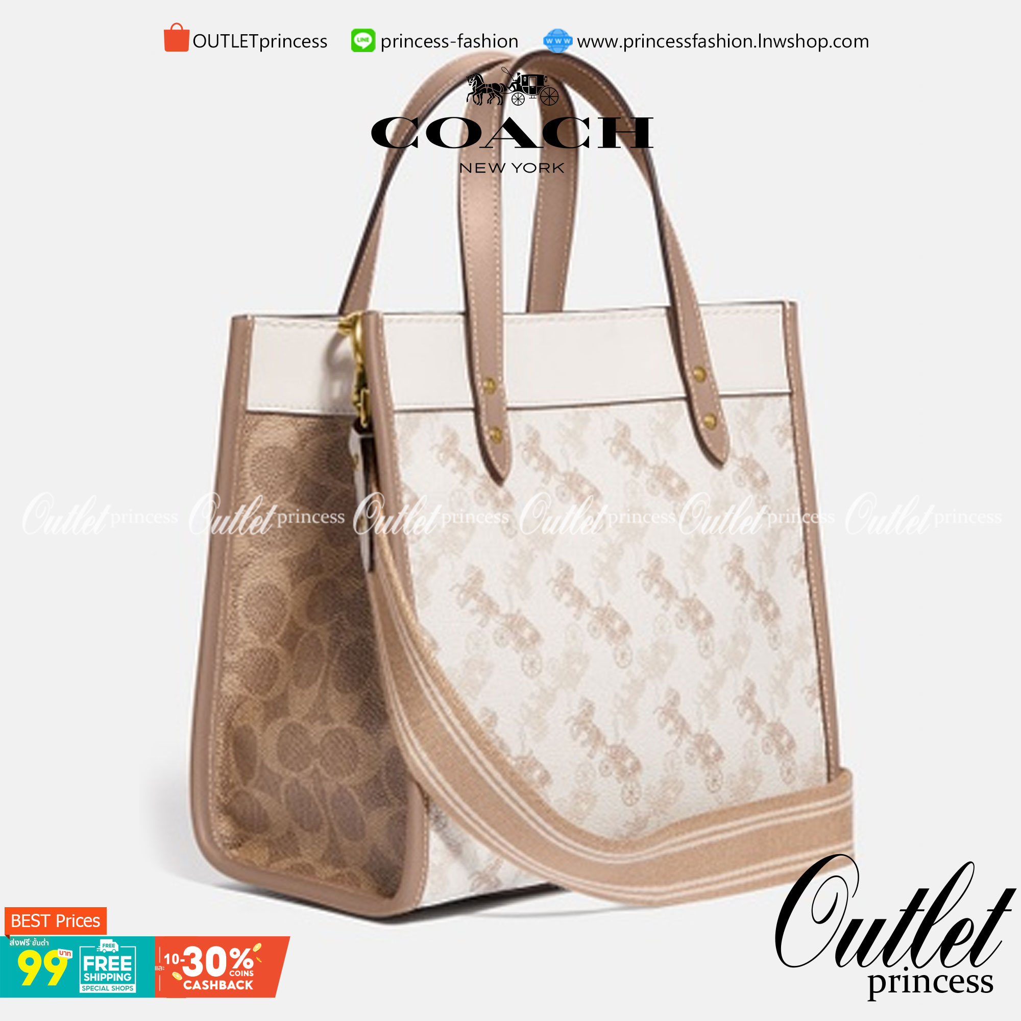 COACH FIELD TOTE 22 WITH HORSE AND CARRIAGE PRINT พร้อมส่งความสวยค่ะ! กระเป๋าทรง Tote หนังแท้อย่างดี นิ่มมือดีมากๆค่ะ ตัวกระเป๋าปริ้นลายรถม้าทั้งใบตัดขอบลายCด้านข้างได้อย่างสวยงามทีเดียว ปากกระเป๋าเปิดปิดแบบกระดุมแม่เหล็ก ภายในกว้างใส่ของจำเป็นได้ครบ มีช่