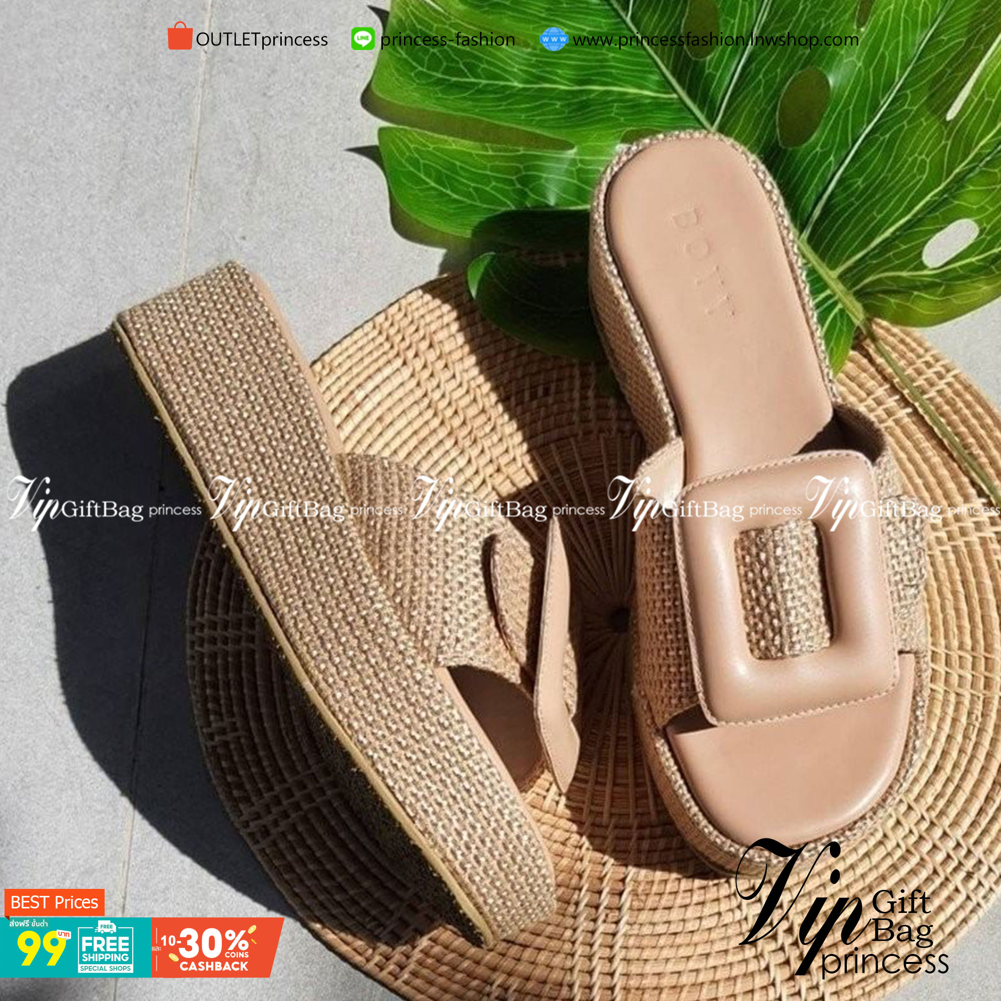 BOYY รองเท้าที่ไม่มีไม่ได้แล้ว รุ่นใส่สบายมาก แตะเตารีดส้นเสมอ แต่งเข็มขัดด้านหน้า วัสดุผ้าสาน ตรงกลางรองฟองน้ำนุ่ม