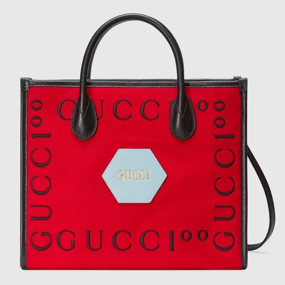 VIP 】Gucci 100 small tote bag Hibiscus red felt with Gucc100 print Black leather พร้อมส่งที่ไทย