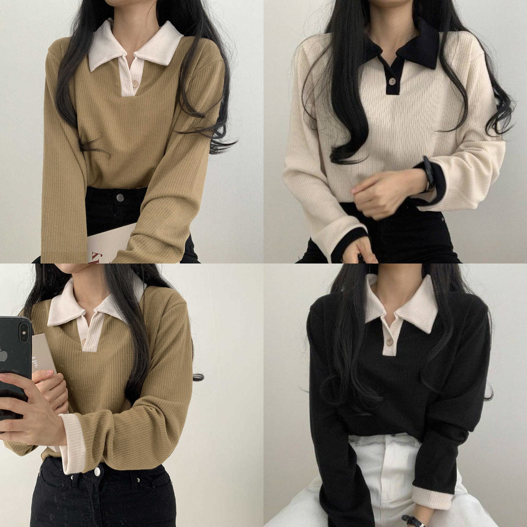 พร้อมส่ง 3 สี 🧑🏻🌾🪀 Soyou tops เสื้อแขนยาวผ้าคอตตอนเนื้อดีใส่สบายมาก แต่งปกสีตัด (IN36395)