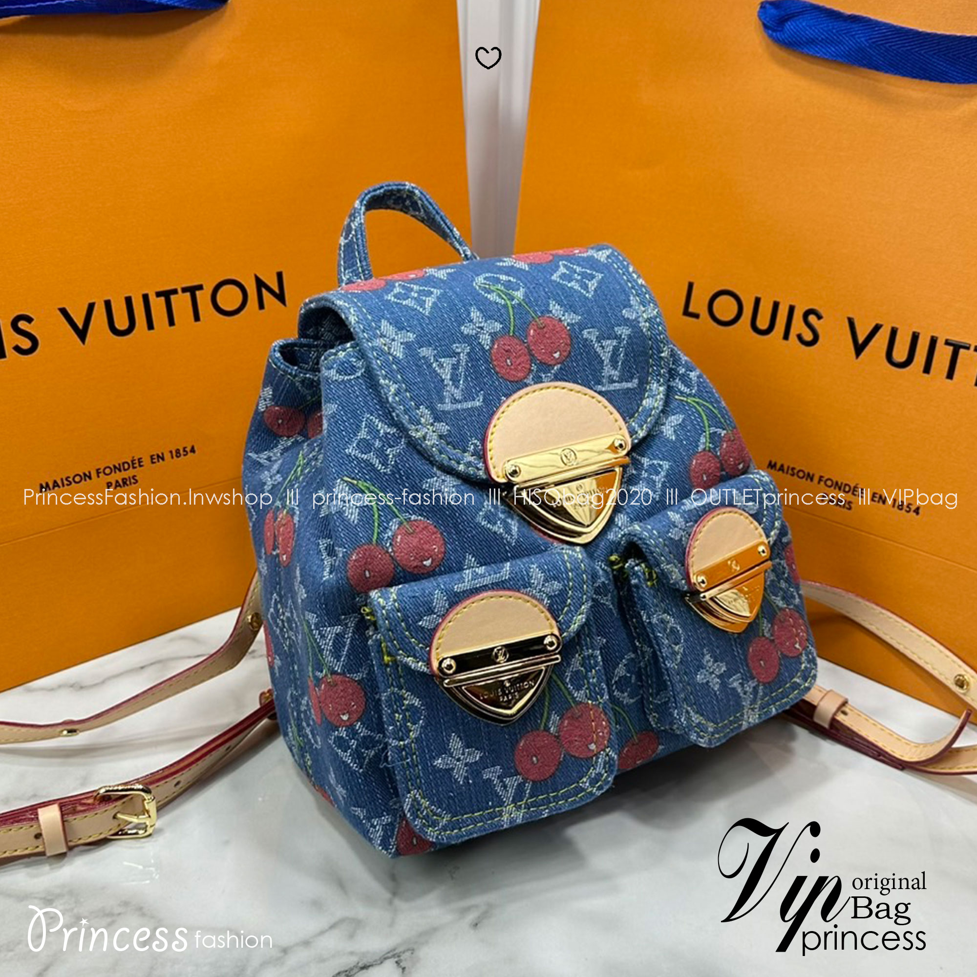 ORI หนังแท้ | LV x TM - Venice NM bag Monogram cherry denim กระเป๋าเป้สะพายหลังรุ่น Venice ดีไซน์ใหม่มีชีวิตชีวา แสนสดใสด้วย Monogram เดนิมแต่งดีเทลปักลายเชอร์รี่โดดเด่นสะท้อนความงามเปี่ยมสีสันอันเป็นเอกลักษณ์