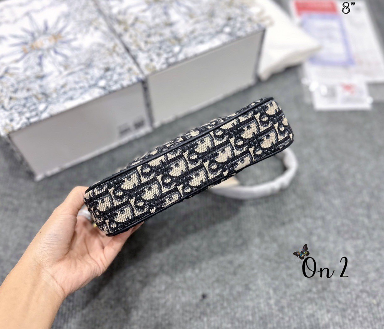 DIOR 30 Montaigne Hobo Avenue Mini Bag | Blue Jacquard กระเป๋าสะพายทรง pouch งาน vintage สไตลคลาสสิค มีใบเล็กด้านในแยกใช้ได้แบบซิปบนสายหนังสายคอลใหม่น่ารักมาก