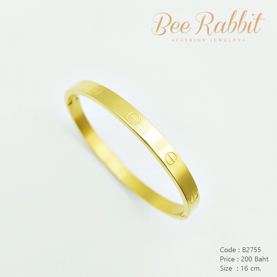 กำไลข้อมือสแตนเลสแท้ สีทอง ทรงวงรี สลักลาย