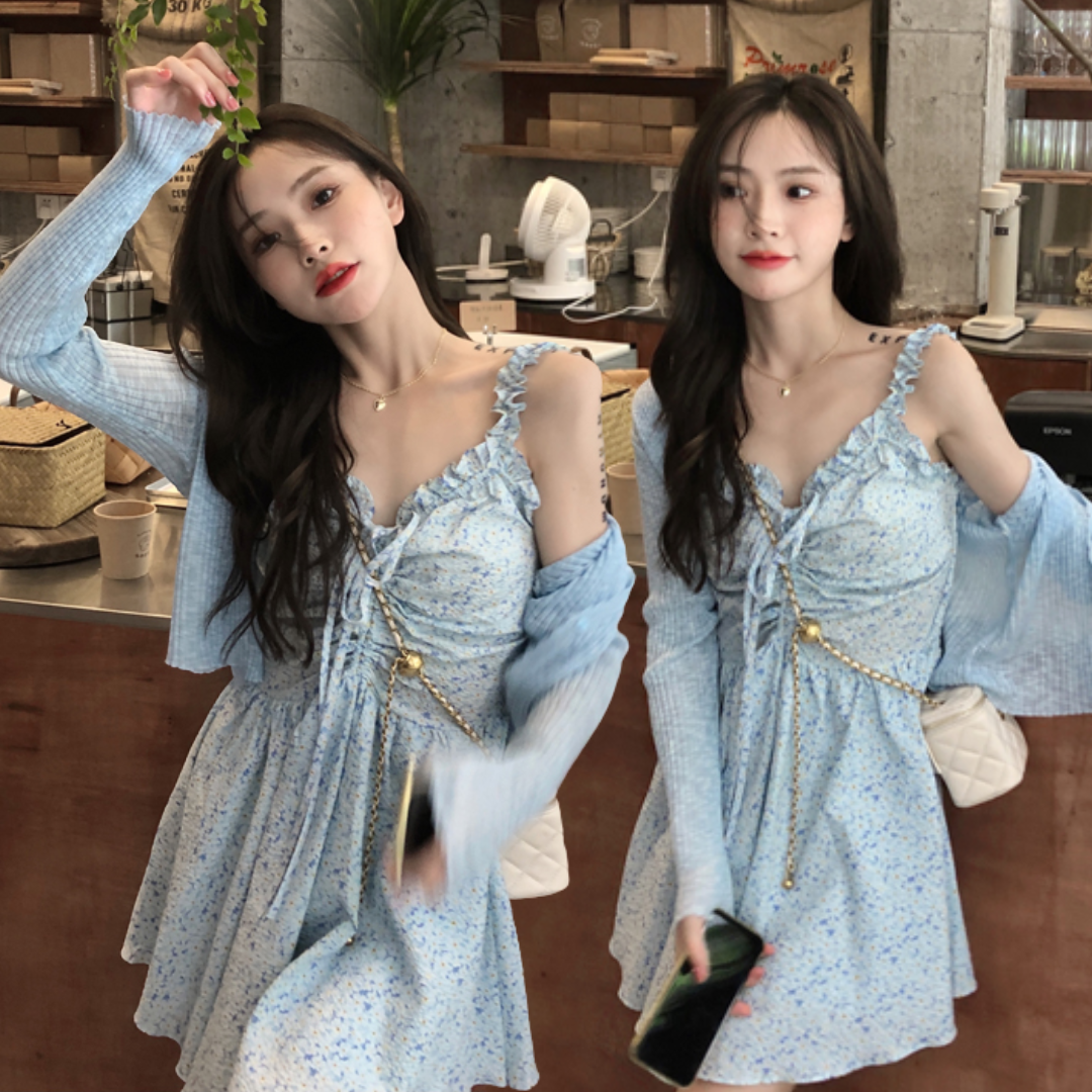 พร้อมส่ง 🦢🤍 Simba dress & cardigan เดรสสายเดี่ยวลายดอก เสื้อคลุมไหมพรม (แยกชิ้น)(37661)