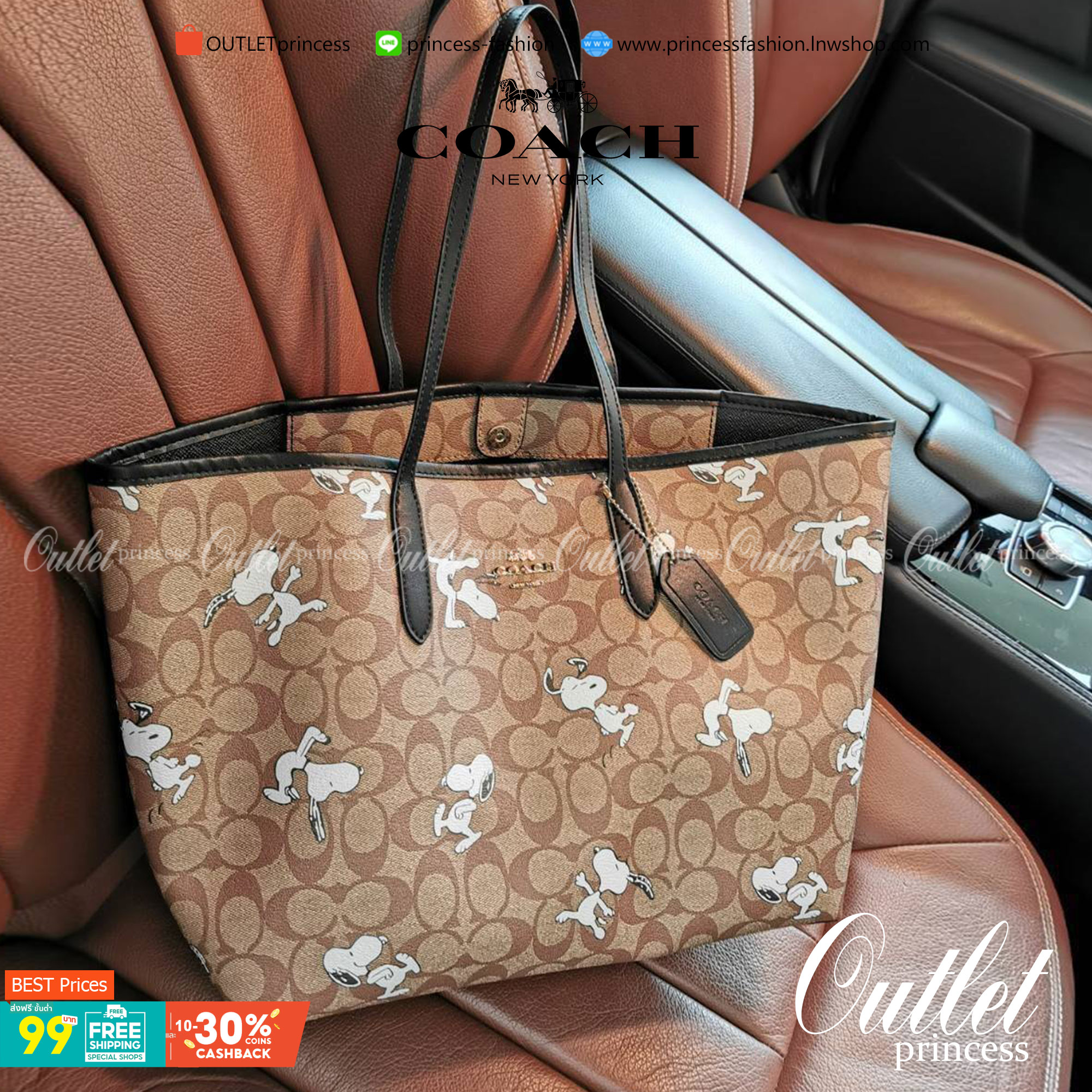COACH FACTORY TOTE IN SIGNATURE LEATHER BAG X SNOOPY COLLECTION กระเป๋าสะพายคอลเลคชั่นสุดพิเศษจาก Coach Factory วัสดุ Signature refined calf leather หนังแท้ลายแบรนด์ คอลเลคชั่น Snoopy เทคเจอร์สวยอยู่ทรงดีไซน์ยอดนิยมด้านหน้ามีโลโก้ ภายในมีโลโก้กว้างและจุสุ