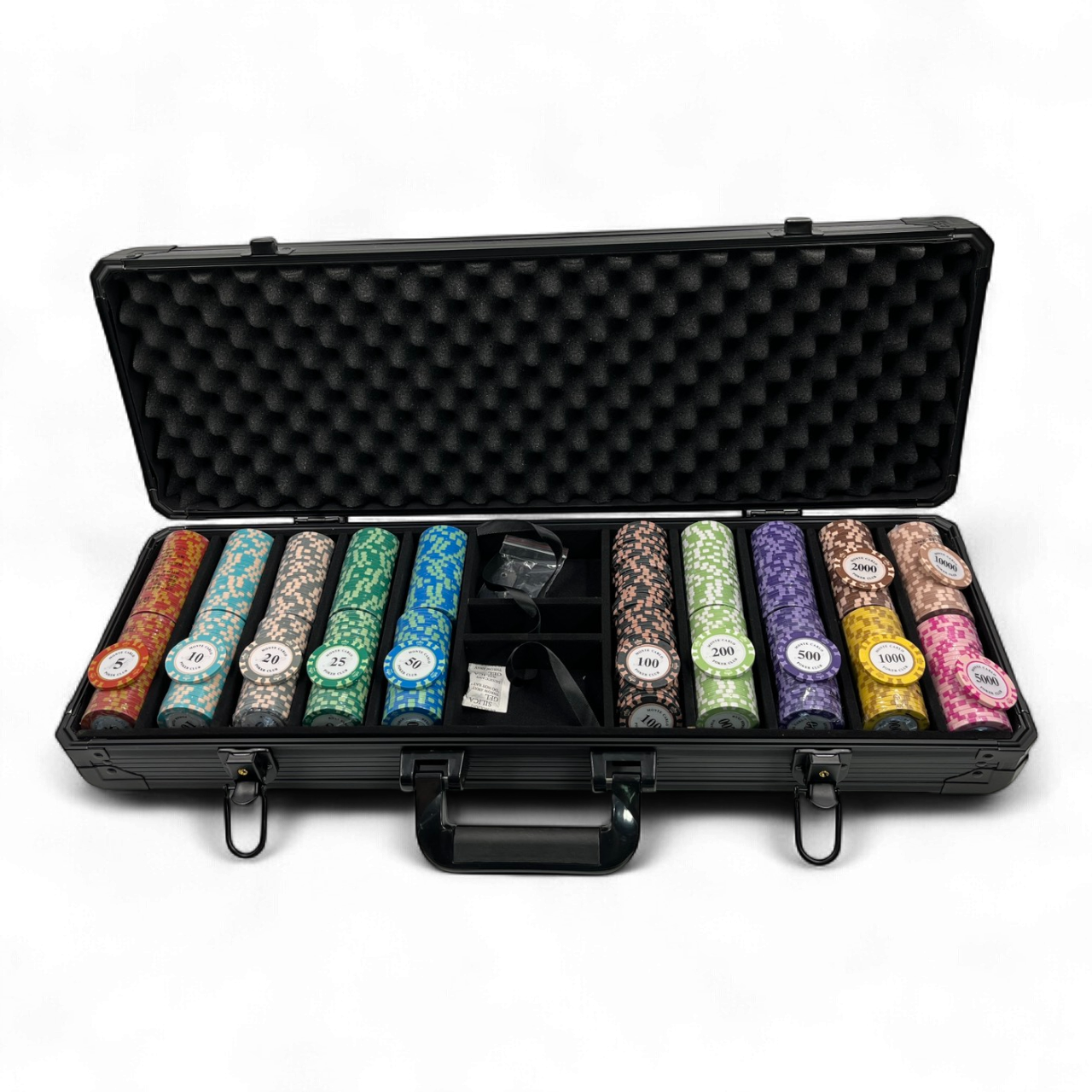 ชุดชิปโป๊กเกอร์ MONTE CARLO พร้อมกระเป๋าใส่ชิปแบบหนาสีดำขนาดบรรจุ 500 ชิปพร้อมผ้าปู