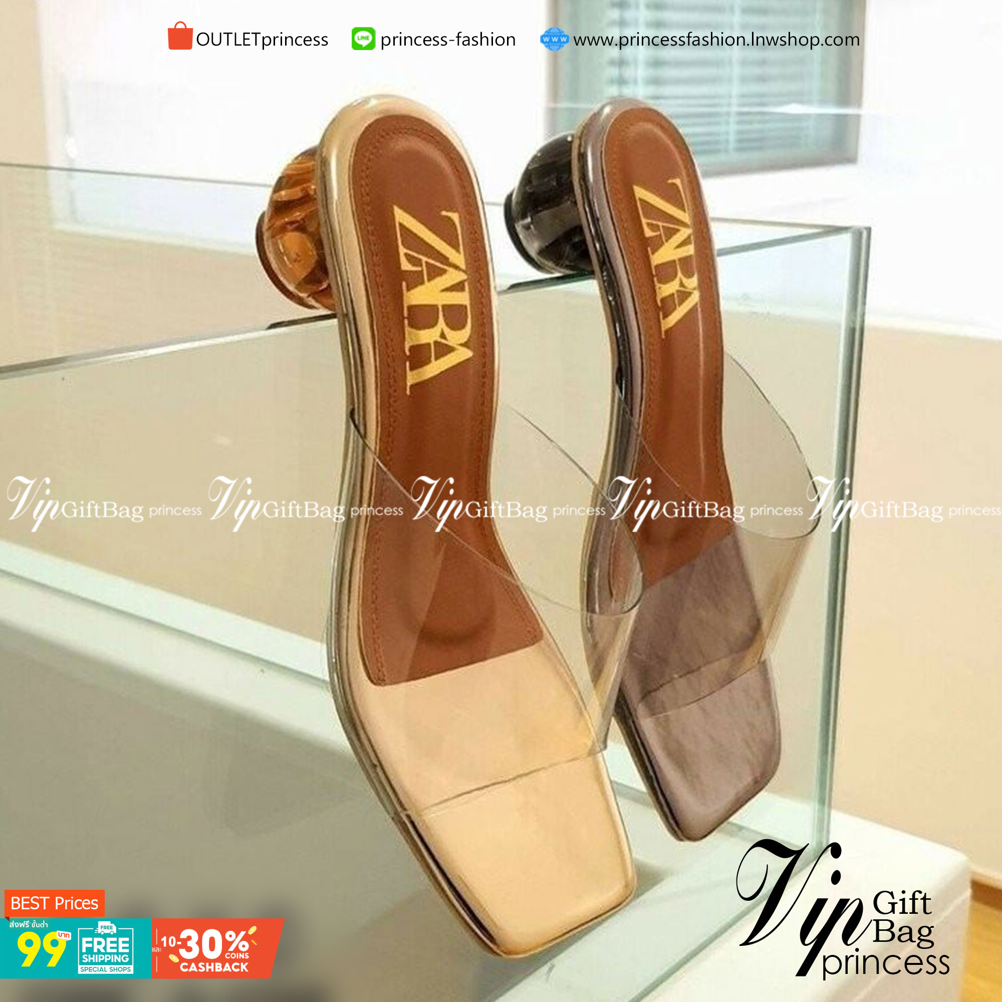 ZARA รองเท้า คัชชูงานสวม คาดพลาสติกใสอย่างดีเนื้อนุ่ม พื้นวัสดุหนัง PU ส้นแก้วสีใส งารจริงสวยมากคะ แมทส์ชุดง่าย น้ำหนักเบา