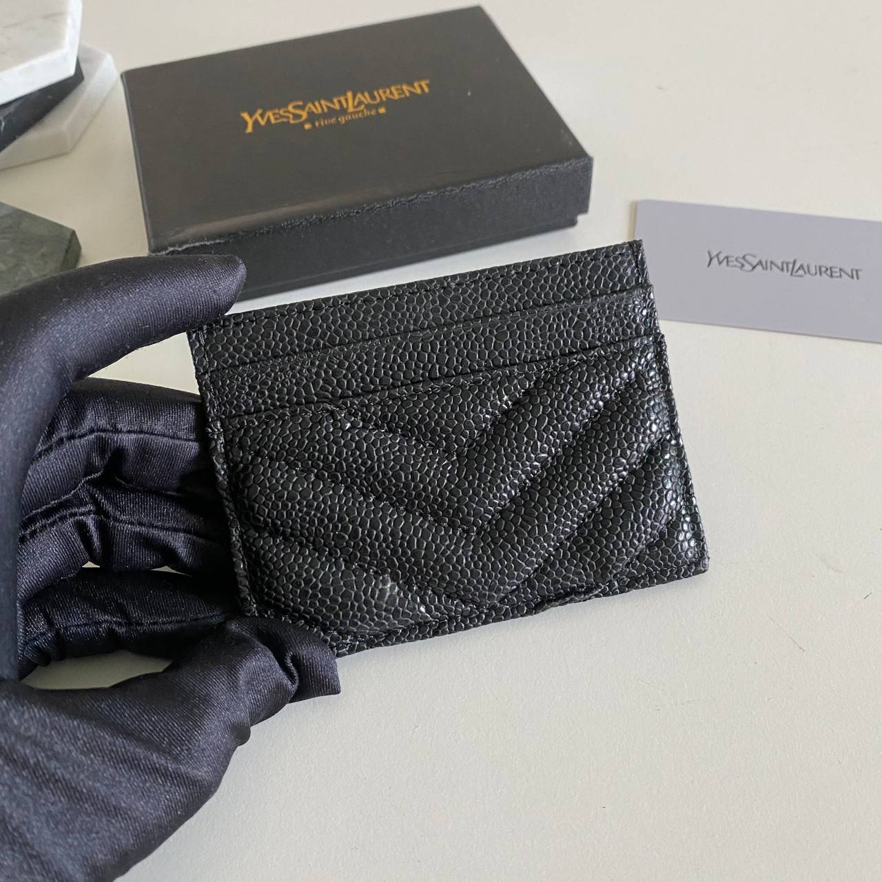 VIP 】หนังแท้ YSL SAINT LAURENT MONOGRAM CARD CASE IN GRAIN DE POUDRE EMBOSSED LEATHER (อะไหล่เงิน/อะไหล่ทอง) YSL CARD HOLDER