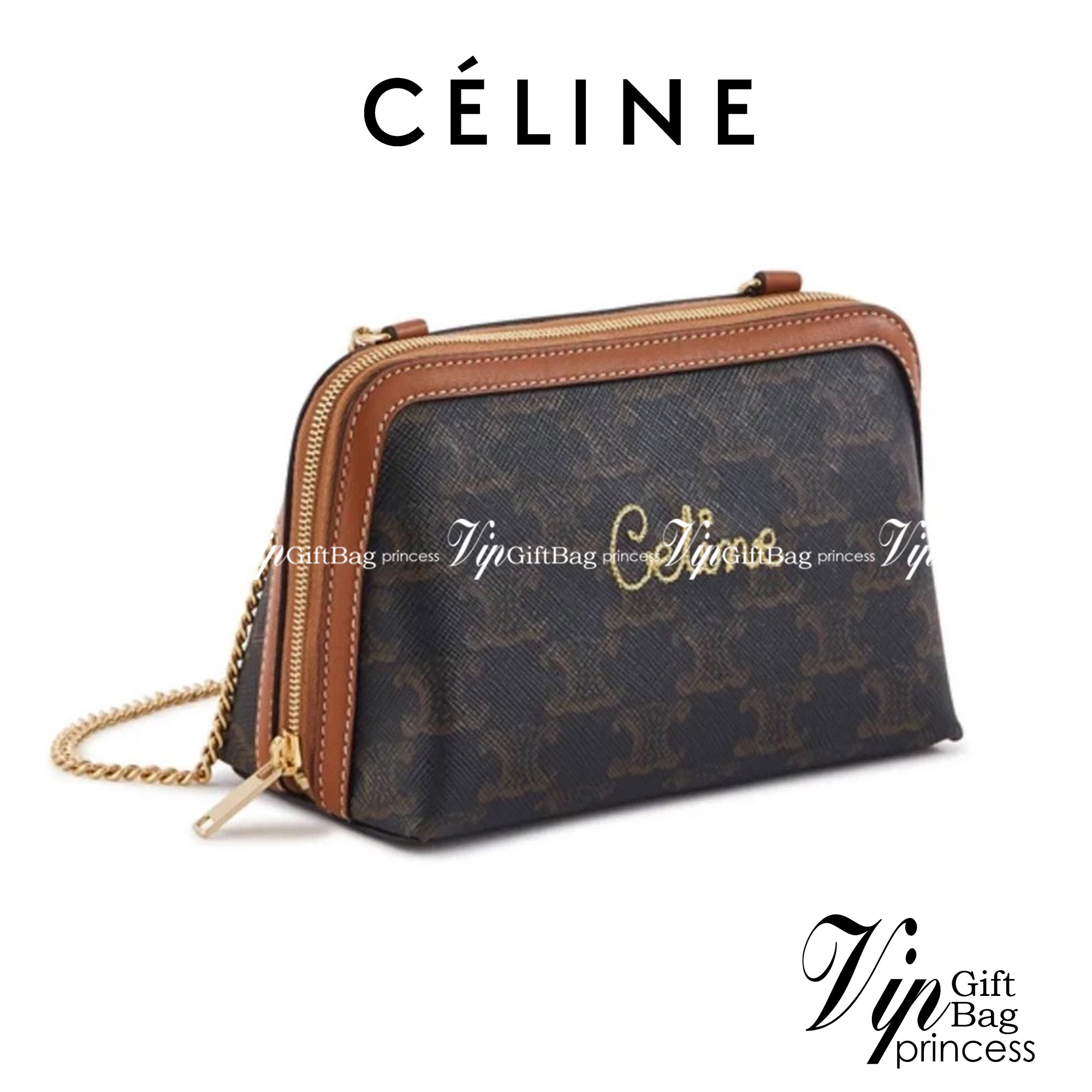 หนังแท้ CELINE TRIOMPHE Triumphal Arch Canvas Shoulder Messenger Chain Bag / CELINE CLUTCH WITH CHAIN กระเป๋าคลัทช์ดีไซน์เรียบหรูออกแบบมาได้อย่างลงตัว พร้อมสายสะพายโซ่ทองสุดหรู ด้วยรูปทรงที่สวยงามและทันสมัย สามารถใส่กระเป๋าสตางค์ใบสั้นหรือเครื่องสำอางค์ได