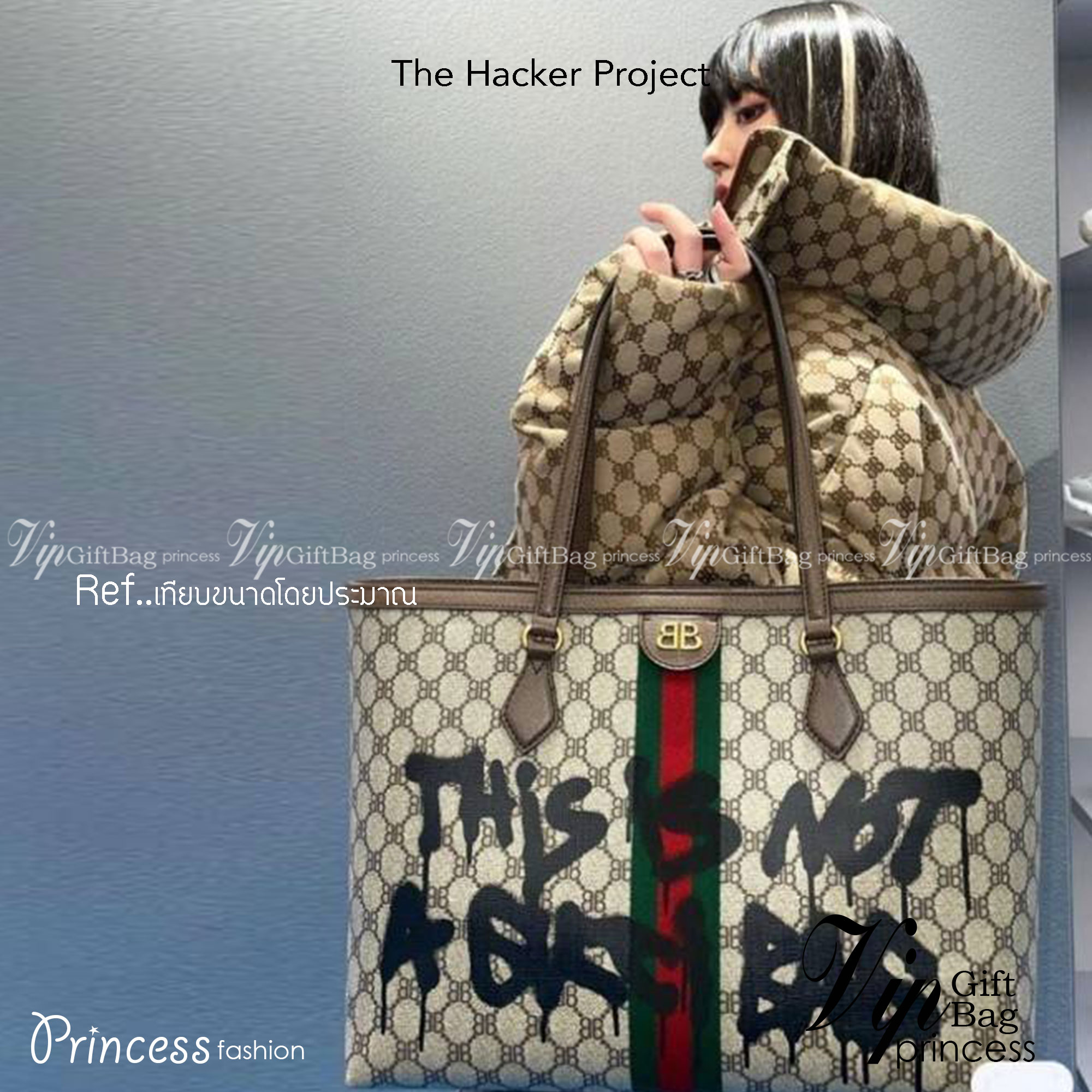 Gucci x Balenciaga The Hacker Project Graffiti Tote กระเป๋าช้อปปิ้งทรงโท้ท โดดเด่นด้วยลวดลายเพ้นท์กราฟฟิตี้ ใบใหญ่ จุสัมภาระได้อย่างจุใจ