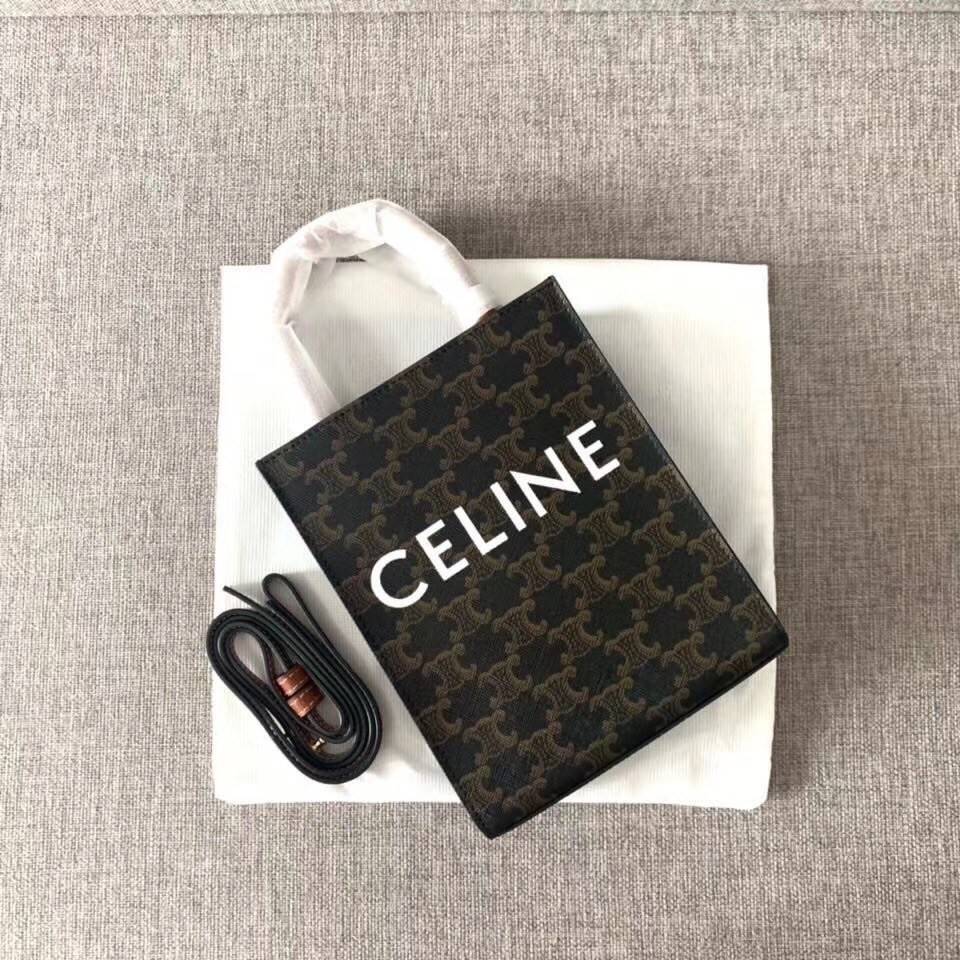 พรีเมี่ยมกิ๊ฟแท้ 100% 】พร้อมส่งที่ไทย!! ที่นี่ที่เดียว CELINE MINI VERTICAL CABAS IN MALLON TRIOMPHE JACQUARD AND CALFSKIN TOTE BAG งานหนังแท้