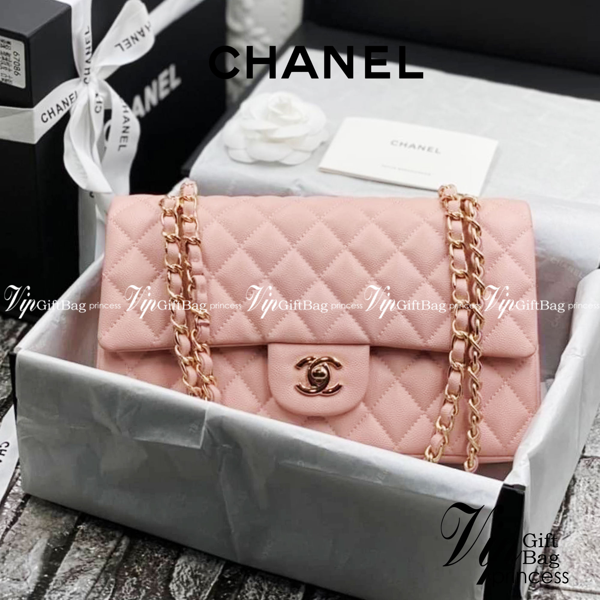 หนังแท้ CHANEL Classic Caviar 25cm กระเป๋าสะพายคลาสสิก หนังแกะและโลหะสีทอง ภาพสินค้าถ่ายจากงานขายจริง ใช้งานต่างประเทศได้