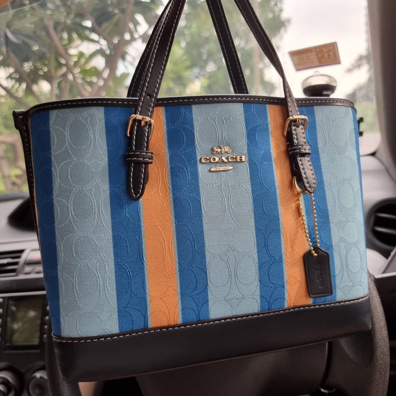 COACH C4086 MOLLIE TOTE 25 IN SIGNATURE JACQUARD WITH STRIPES แจกความสดใสด้วยลุคคัลเลอร์ฟูล กระเป๋าทรงโท้ท มินิไซส์ ตกแต่งลายเอกลักษณ์ถักทออยู่บนผ้า jacquard ตัดกับลายเส้นสีสันสวยงาม ลงตัวไม่ซ้ำใคร ภายในเป็นช่องโล่ง มีช่องซิปกลางใส่ของได้ ขนาดกำลังดีแบบใส