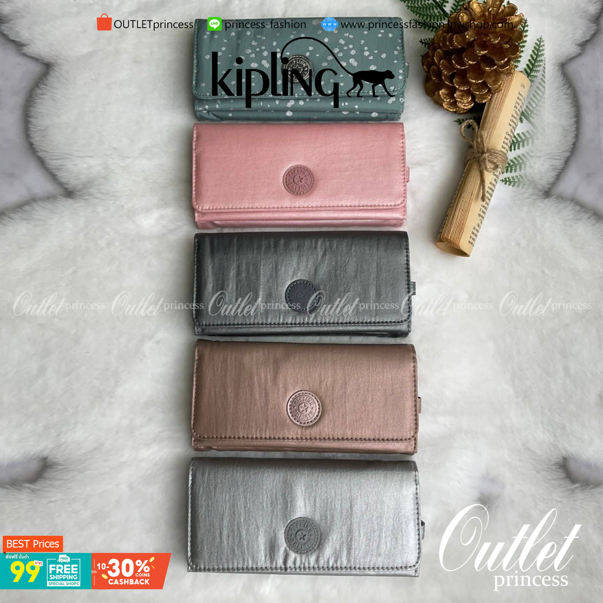 กระเป๋าสตางค์ยาว 3 พับตอน Kipling Brownie long tri-fold wallets กระเป๋าสตางค์ยาวแบบ3พับตอน วัสดุกันน้ำ เปิดปิดด้วยกระดุมแป๊ก มีช่องใส่ธนบัตรหลายช่อง ช่องเสียบการด์ได้ถึง13ช่องลายจุด และใส่รูปภาพได้อีก2ช่อง ช่องซิปใส่เหรียญ ช่องธนบัตร 3 ช่อง ที่จับหัวซิปปั