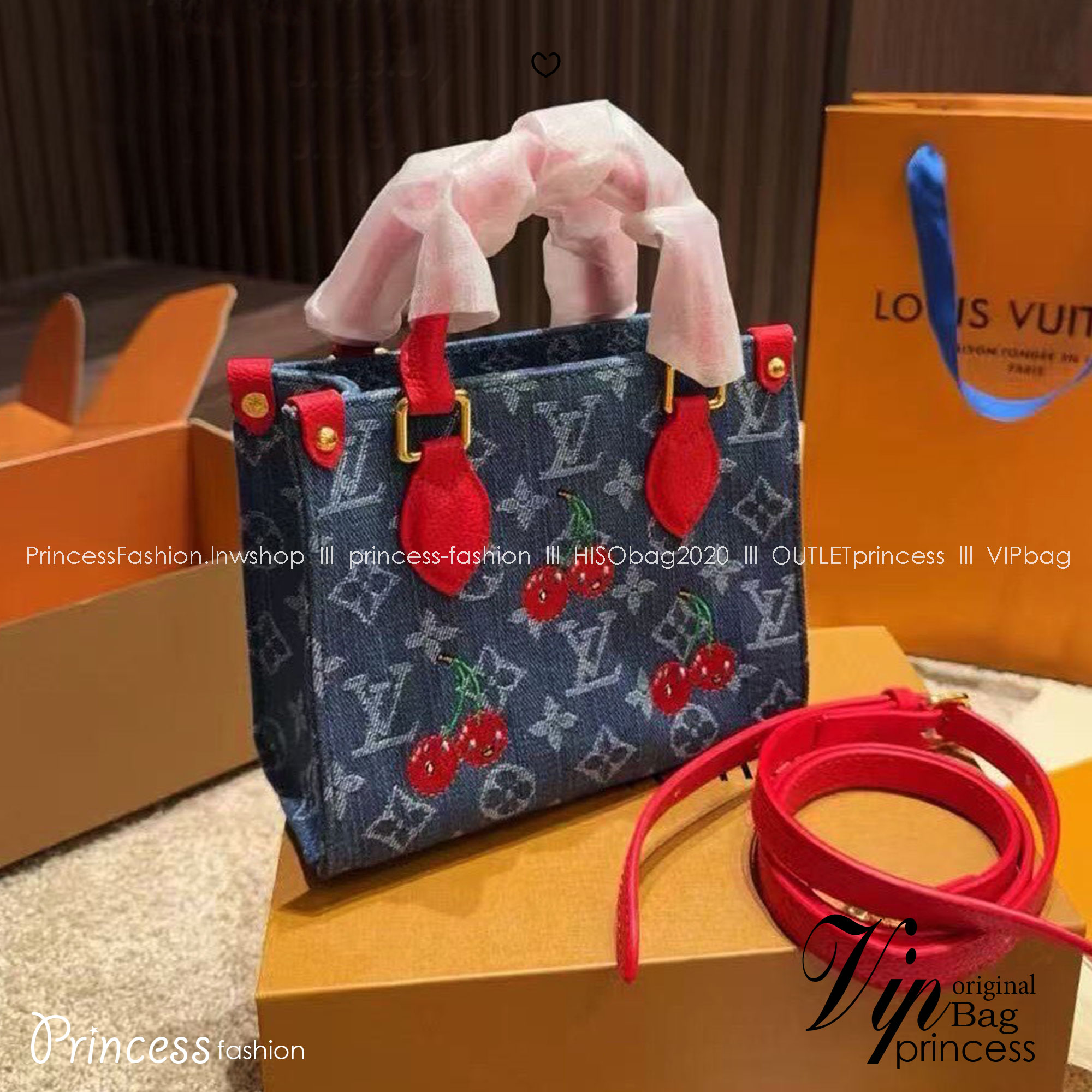 LV OnTheGo BB Monogram cherry denim 18cm กระเป๋าสะพายทรงมินิโท้ท ไอเท็มสุดโดดเด่นมีชีวิตชีวา ด้วยเดนิมวินเทจปักลายเชอร์รี่สีสันสดใสสะดุดตาสะท้อนสไตล์ไอคอนิก ผสานสไตล์ล้ำสมัยเปี่ยมฟังก์ชัน