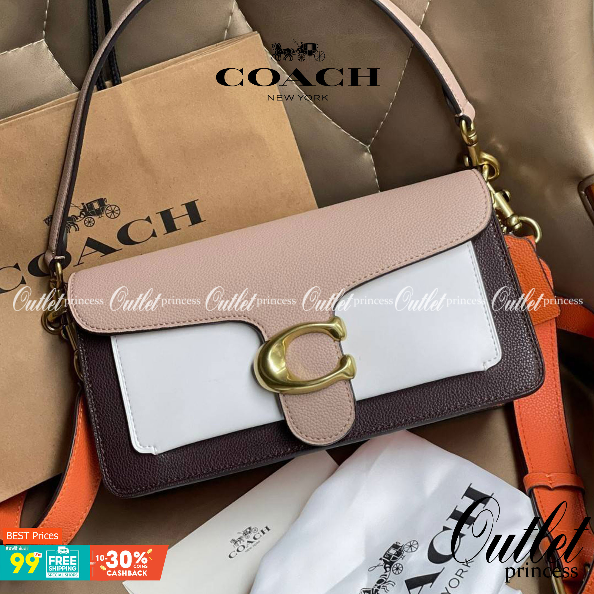 Coach Tabby Shoulder bag Coach Colorblock Tabby Shoulder Bag 26 Taupe Ginger Multi/gold 76105 ให้ลุคเก๋ ๆ ด้วยสีและลวดลายคลาสสิกตามแบบฉบับสาว Coach กระเป๋าสะพายไหล่สุดคลาสสิกรุ่นนี้ เป็นรูปทรงสี่เหลี่ยมผืนผ้าที่เข้าได้กับสาว ๆ ทุกสไตล์ หมุดสำหรับเปิดปิดกร