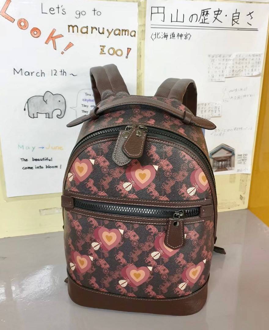 COACH BACKPACK WITH HORSE AND CARRIAGE PRINT AND HEARTS กระเป๋าสะพายหลัง วัสดุ pvc+หนังแท้ ตัวกระเป๋าลายแบรนด์ทั้งใบ ด้านหน้ามีรูปหัวใจโดดเด่นค่ะ พร้อมช่องซิปสำหรับใส่มือถือหรือของจุกจิก เปิดปิดกระเป๋าแบบซิปคู่ ภายในโล่ง ใส่ของจำเป็นได้ครบเลยนะคะ พร้อมช่อ