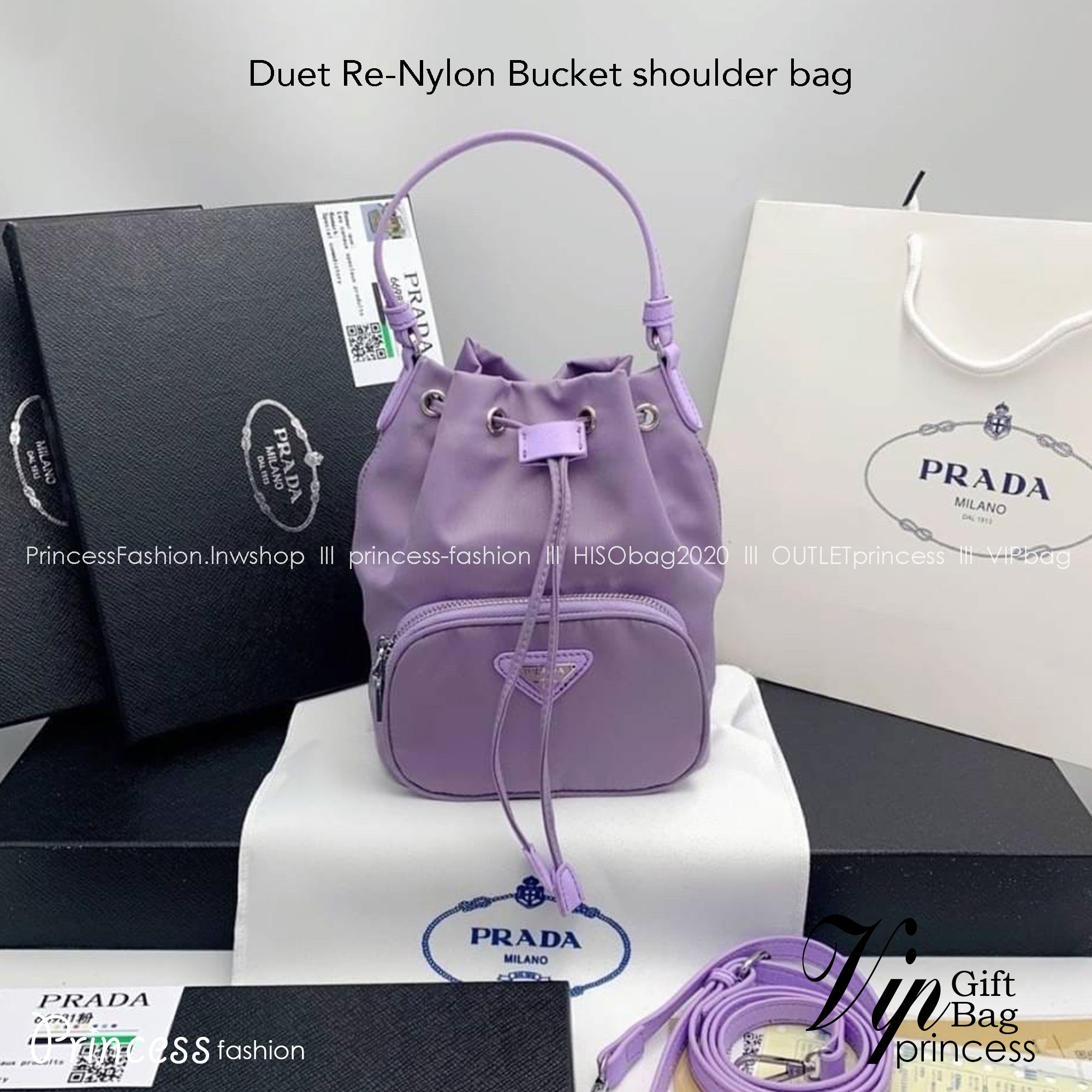 Prada Duet Re-Nylon Bucket shoulder bag / Prada Nylon bucket bag Pastel กระเป๋าสะพายข้าง ไซส์มินิ น้องทรงขนมจีบ น่ารัก น่าใช้ พร้อมสายยาว(ถอดได้) สีพาสเทลน่ารักละมุนมากๆ ค่ะ