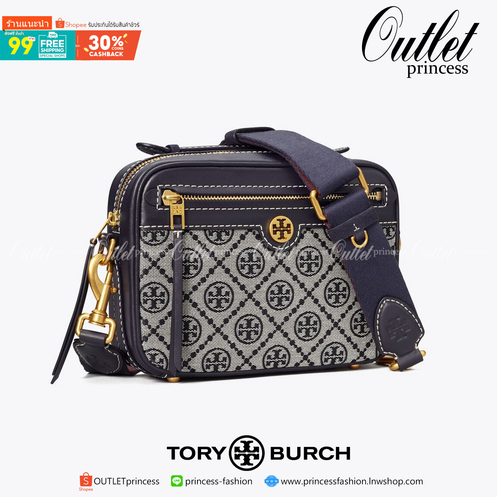 TORY BURCH T MONOGRAM JACQUARD CAMERA BAG การออกแบบที่เรียบง่าย แต่ยังคงความหรูหราเอาไว้ โดดเด่นด้วยลวดลาย T Monogram