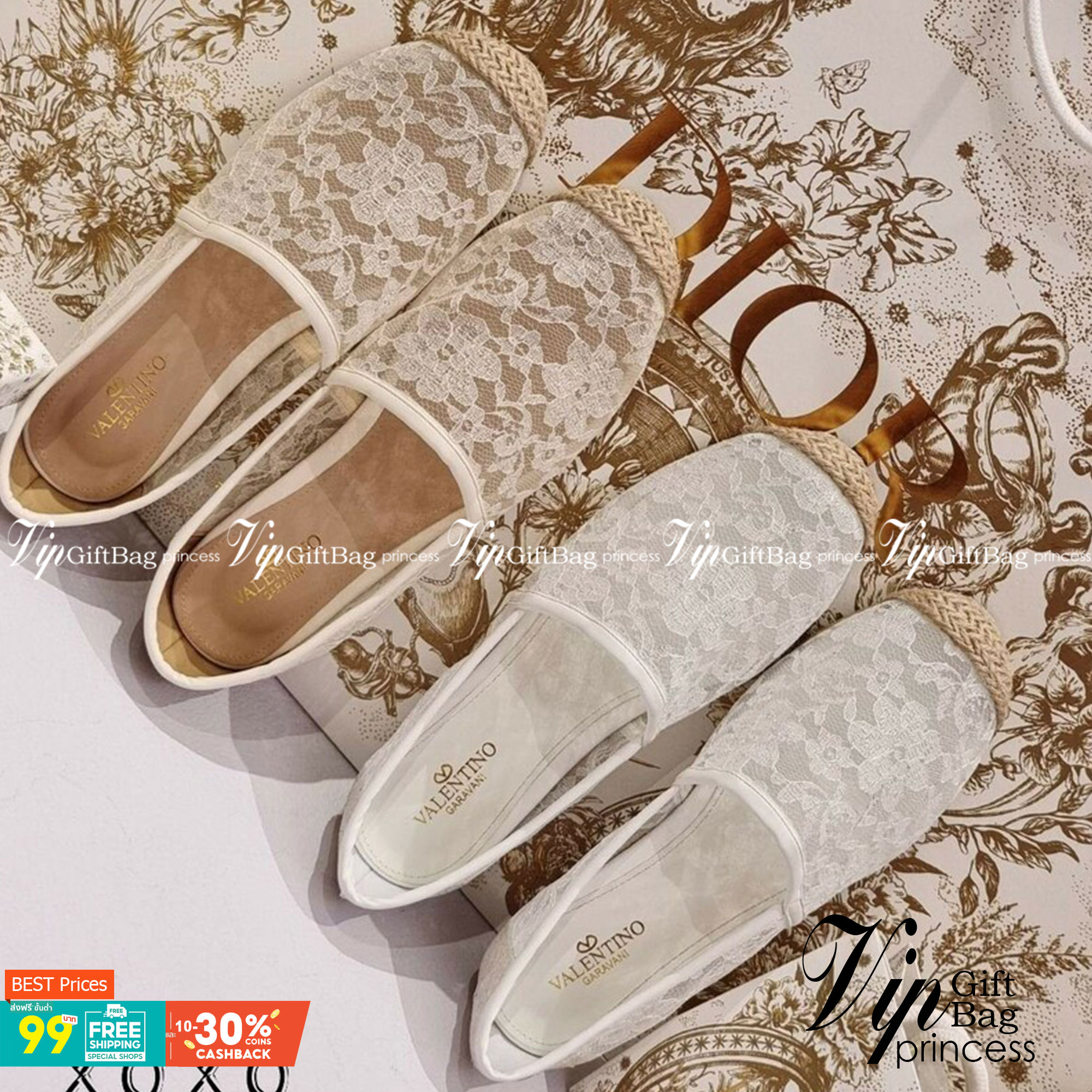 Valentino คัชชู ลูกไม้ ใส่สบาย ไม่อัพ หน้ากว้าง แมทส์ชุดง่าย น้ำหนักเบา ขอบรอบแต่งเชือกปอฟาง สวยเก๋