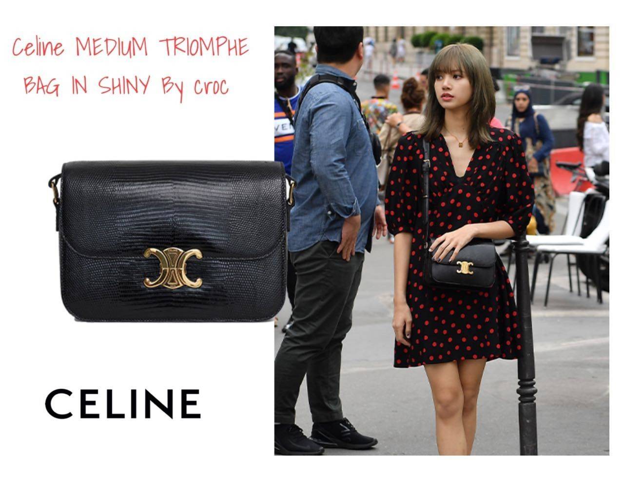 Celine MEDIUM TRIOMPHE BAG IN SHINY By croc มีรูปทรงเป็นกล่องคล้ายกับกระเป๋า Classic Box แต่มีการออกแบบโลโก้ที่สะดุดตาแบบวินเทจ ด้วยดีไซน์หรูหราและที่ดูโฉบเฉี่ยวเ้วยลงดลายcroc มีความคลาสสิคอย่างเต็มเปี่ยม ทำให้เป็นที่ดึงดูดความสนใจของสาวๆ ด้วยความคล่องตัว