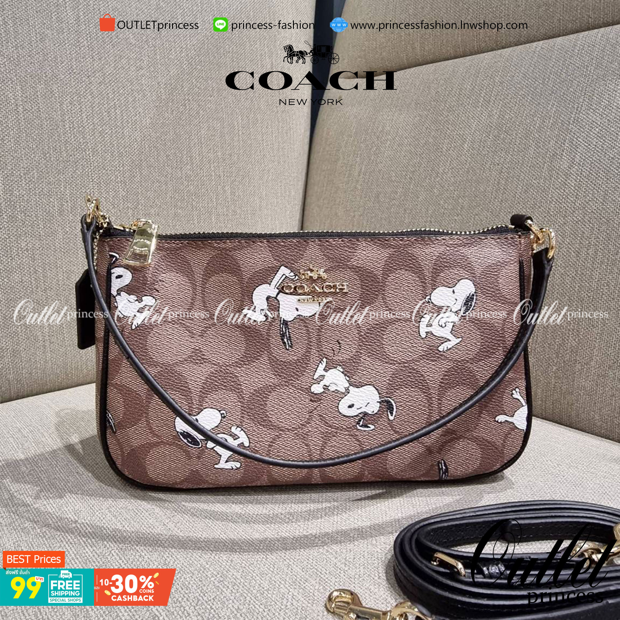 OUTLET 】COACH F36674 TOP HANDLE POUCH IN SIGNATURE WITH SNOOPY PRINT คอลเลคชั่นใหม่ ในสไตล์พอช มาให้ช้อปก่อนใครในไทยจ้า น่ารักน่าใช้ไปอีกกับกระเป๋าสะพายทรงฮิตตลอดกาล ด้วยดีไซน์ที่ออกมาให้ใช้งานได้ง่าย ขนาดกำลังเหมาะ วัสดุแคนวาสทนทาน ดีไปหมดขนาดนี้!! คุณลู