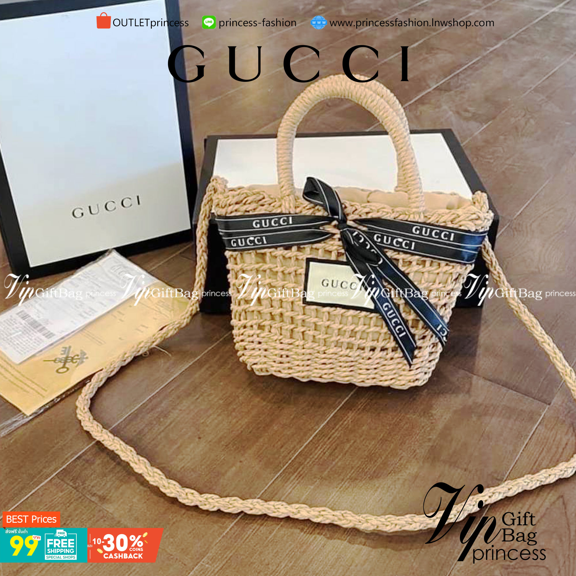 VIP 】กระเป๋าสานมาใหม่Gucci พร้อมสายถักและหูจับ โลโก้แบรนด์ และโบว์แบรนด์ สวยมากค่ะ ขนาด 7”