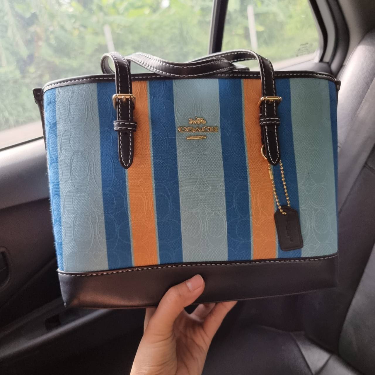 COACH C4086 MOLLIE TOTE 25 IN SIGNATURE JACQUARD WITH STRIPES แจกความสดใสด้วยลุคคัลเลอร์ฟูล กระเป๋าทรงโท้ท มินิไซส์ ตกแต่งลายเอกลักษณ์ถักทออยู่บนผ้า jacquard ตัดกับลายเส้นสีสันสวยงาม ลงตัวไม่ซ้ำใคร ภายในเป็นช่องโล่ง มีช่องซิปกลางใส่ของได้ ขนาดกำลังดีแบบใส