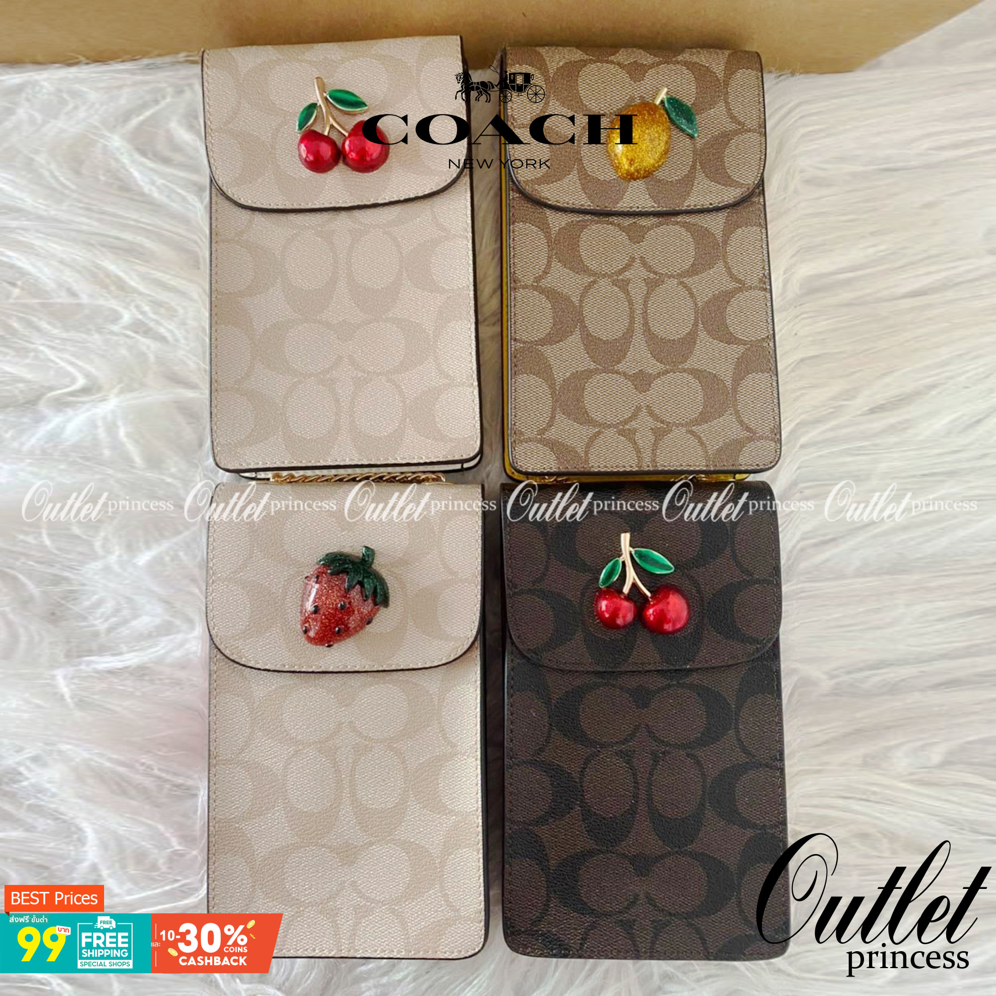 COACH NORTH/SOUTH CROSSBODY IN SIGNATURE CANVAS แจกความสดใสกันอีกครั้ง!! กับกระเป๋าสะพายเอนกประสงค์ Case phone ใส่โทรศัพท์มือถือได้ทุกรุ่น ดีไซน์ลายผลไม้ฉ่ำๆ สวยมีเสน่ห์ 💖 วัสดุหนังแคนวาสคุณภาพ ฝาและภายในเป็นหนังแท้ เปิด-ปิดด้วยกระดุม สายสะพายยาวป