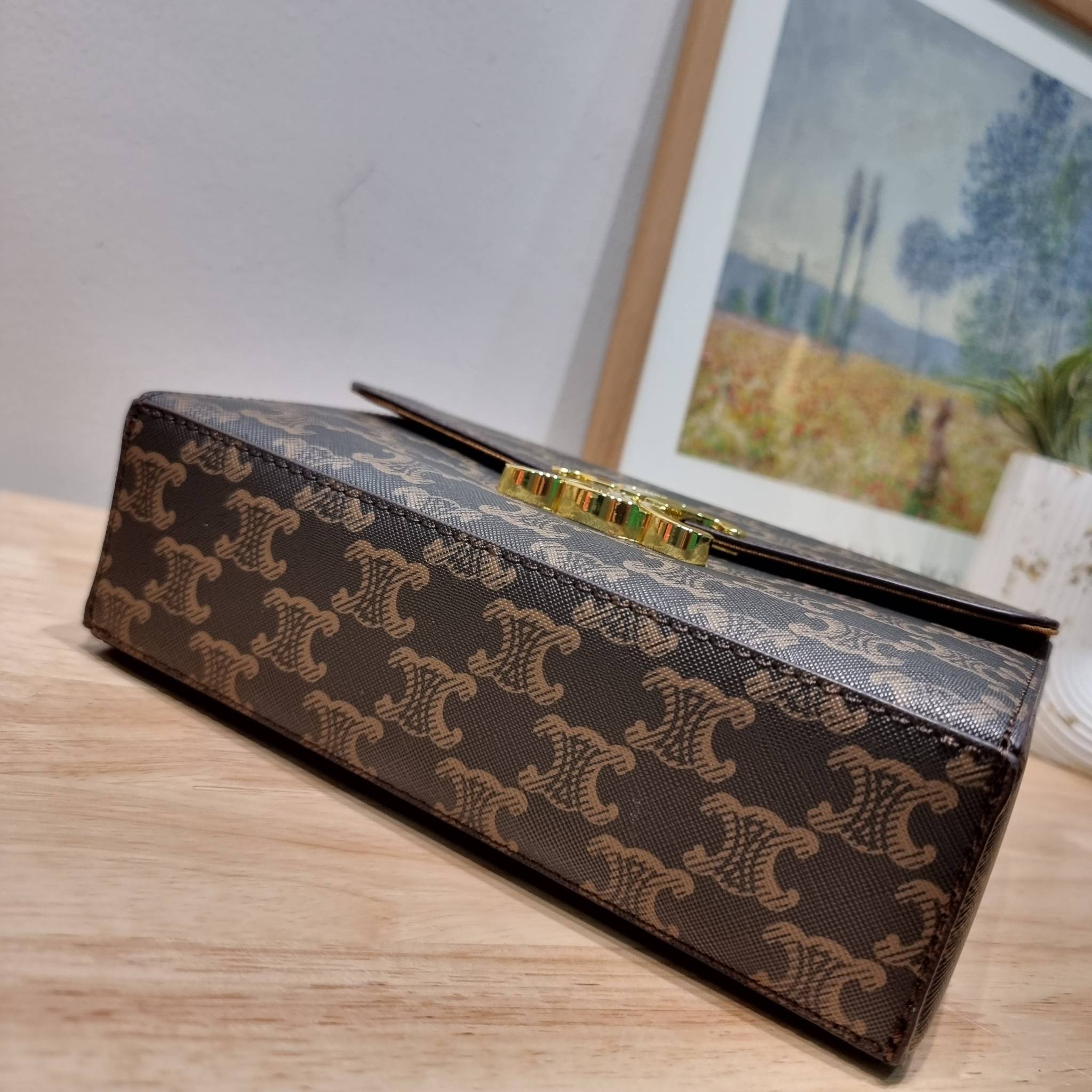 CELINE BOX TRIOMPHE IN TRIOMPHE CANVAS กระเป๋าสะพายสวยอยู่ทรง ดีไซน์เอกลักษณ์ ใช้งานง่ายด้วยอะไหล่กดล็อค วัสดุหนังแคนวาสทนทาน