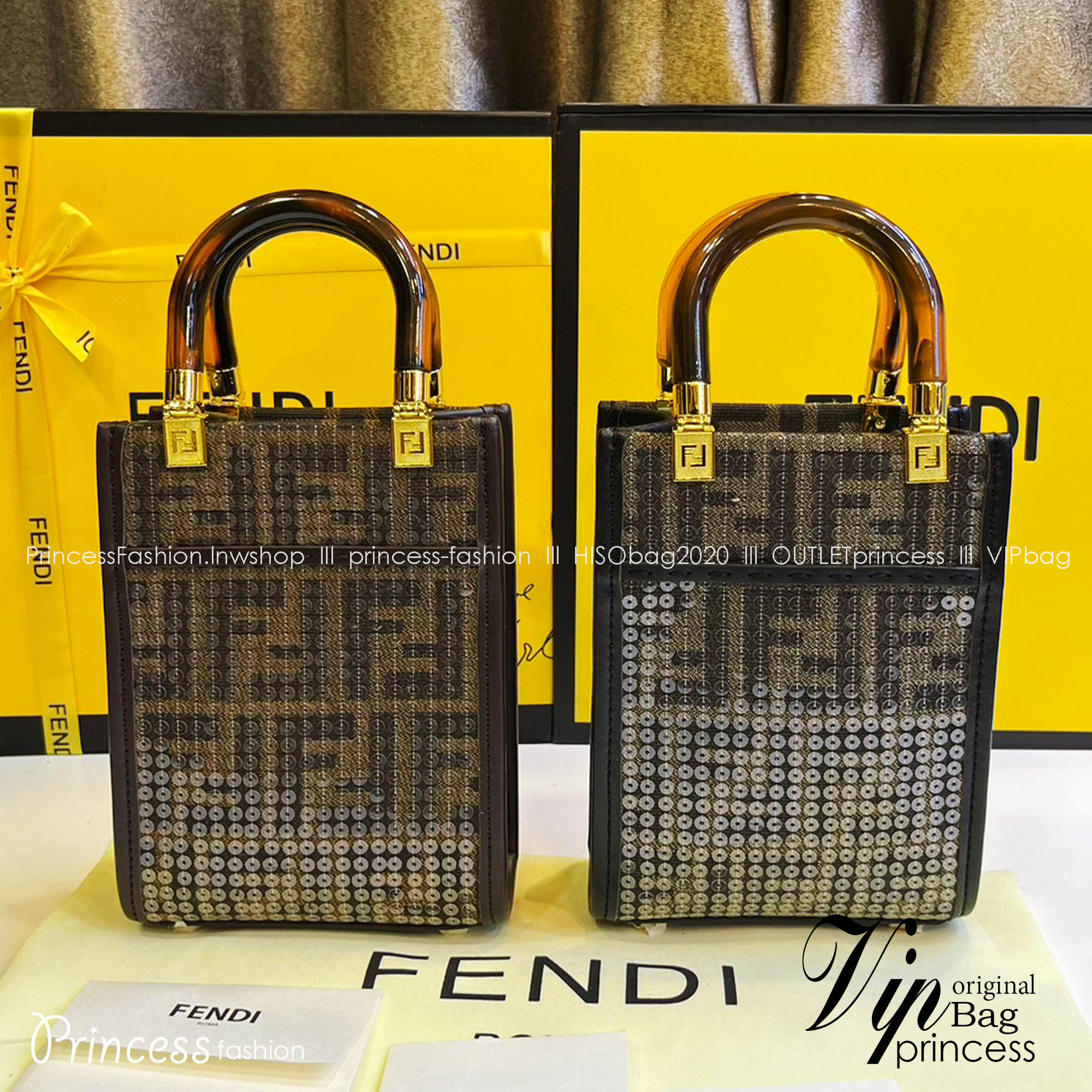 FENDI Mini Sunshine Shopper jacquard FF motif with shiny transparent sequins / Fendi Tote bag พร้อมส่ง กระเป๋าสะพายทรงมินิโท้ท ปักเลื่อมแวววาว รุ่นใหม่ สวยหรู **สินค้าเกรดออริจินอล 1:1 สลับแท้