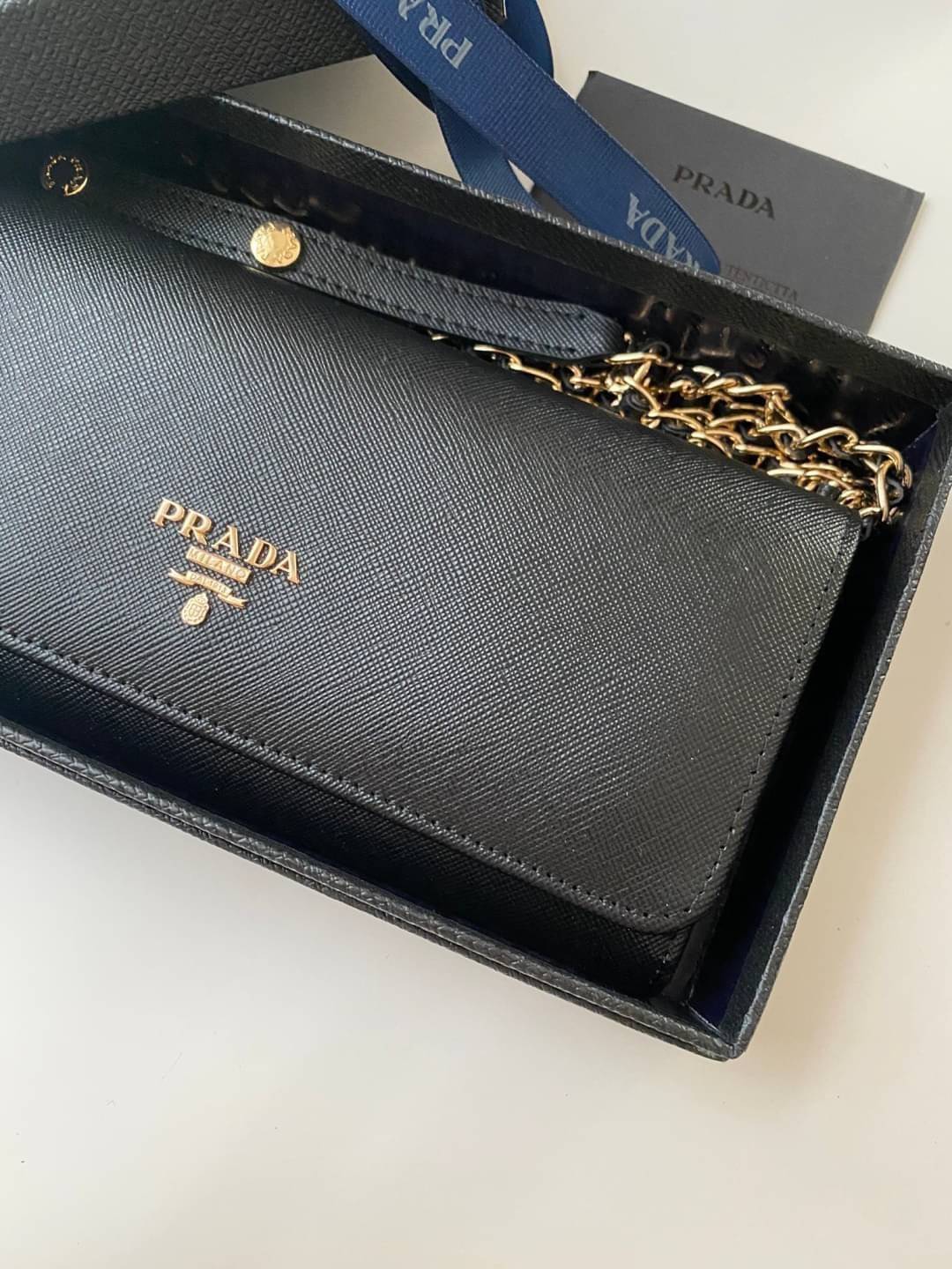 VIP หนังแท้ 】PRADA Saffiano Metal Leather Wallet on Chain Clutch Bag
