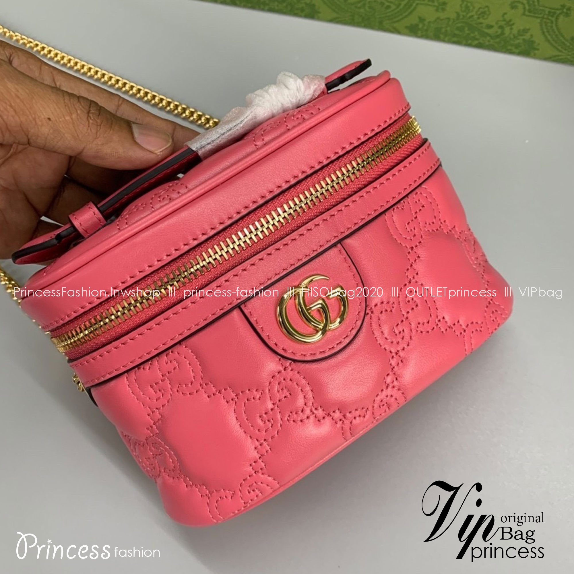 GUCCI GG MATELASSE TOP HANDLE MINI BAG กระเป๋าสะพายไซส์มินิพร้อมสายโซ่สีชมพู หนังแท้ เกรดออริจินอล 1:1 เกรดดีสุด สลับแท้
