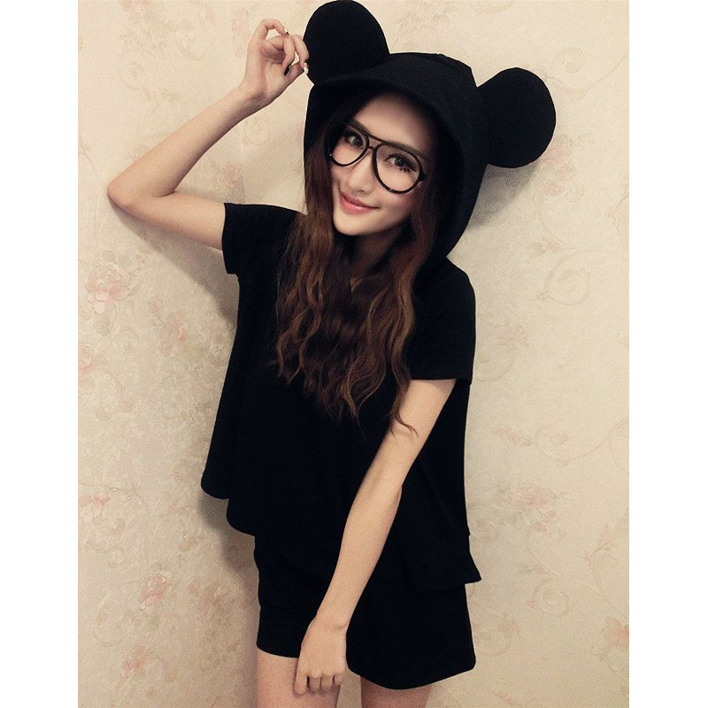 พร้อมส่ง 🍑 Mickey set เซตเสื้อแขนสั้นแต่งฮู้ดมิกกี้+กางเกงขาสั้น (IN33206)