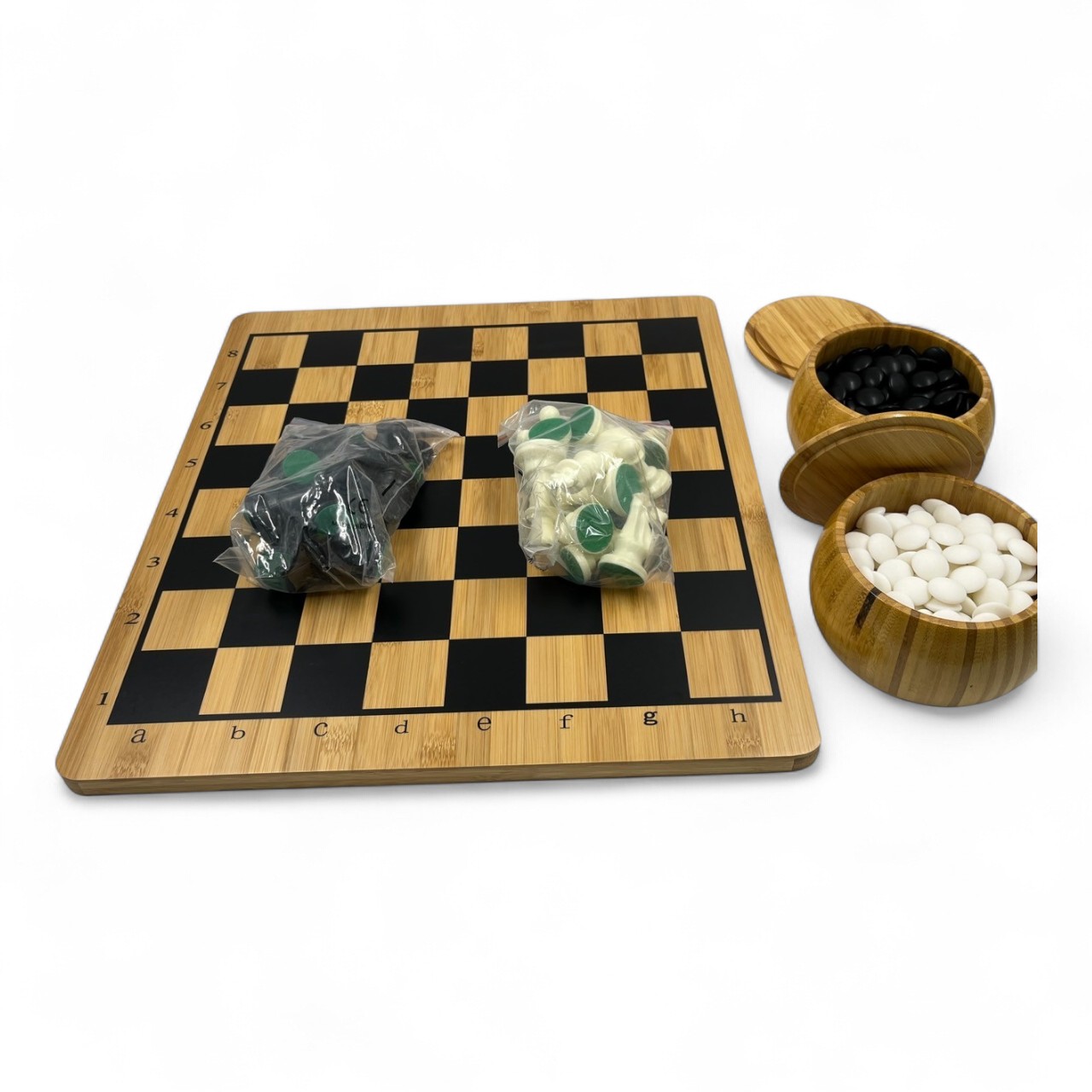 ชุดกระดานขอบมนหมากล้อม19x19เส้นและหมากรุกสากลพร้อมตัวเล่นครบชุดกระดานหนา 2cm.